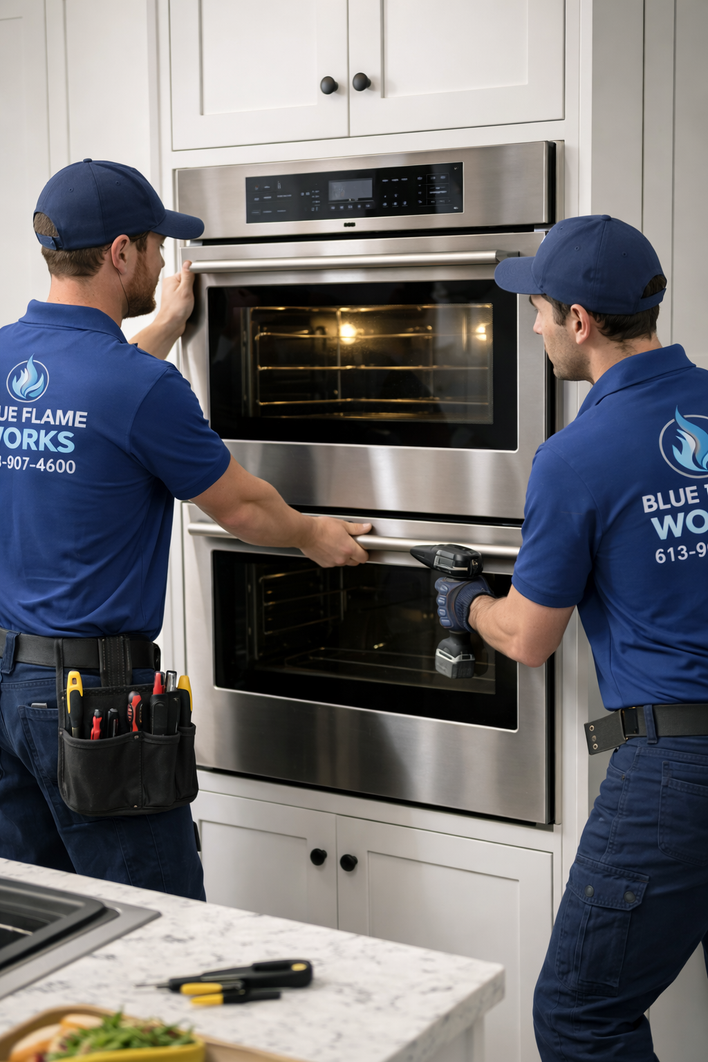 Two Blue Flame Works technicians install a stainless wall oven in a bright modern white kitchen.