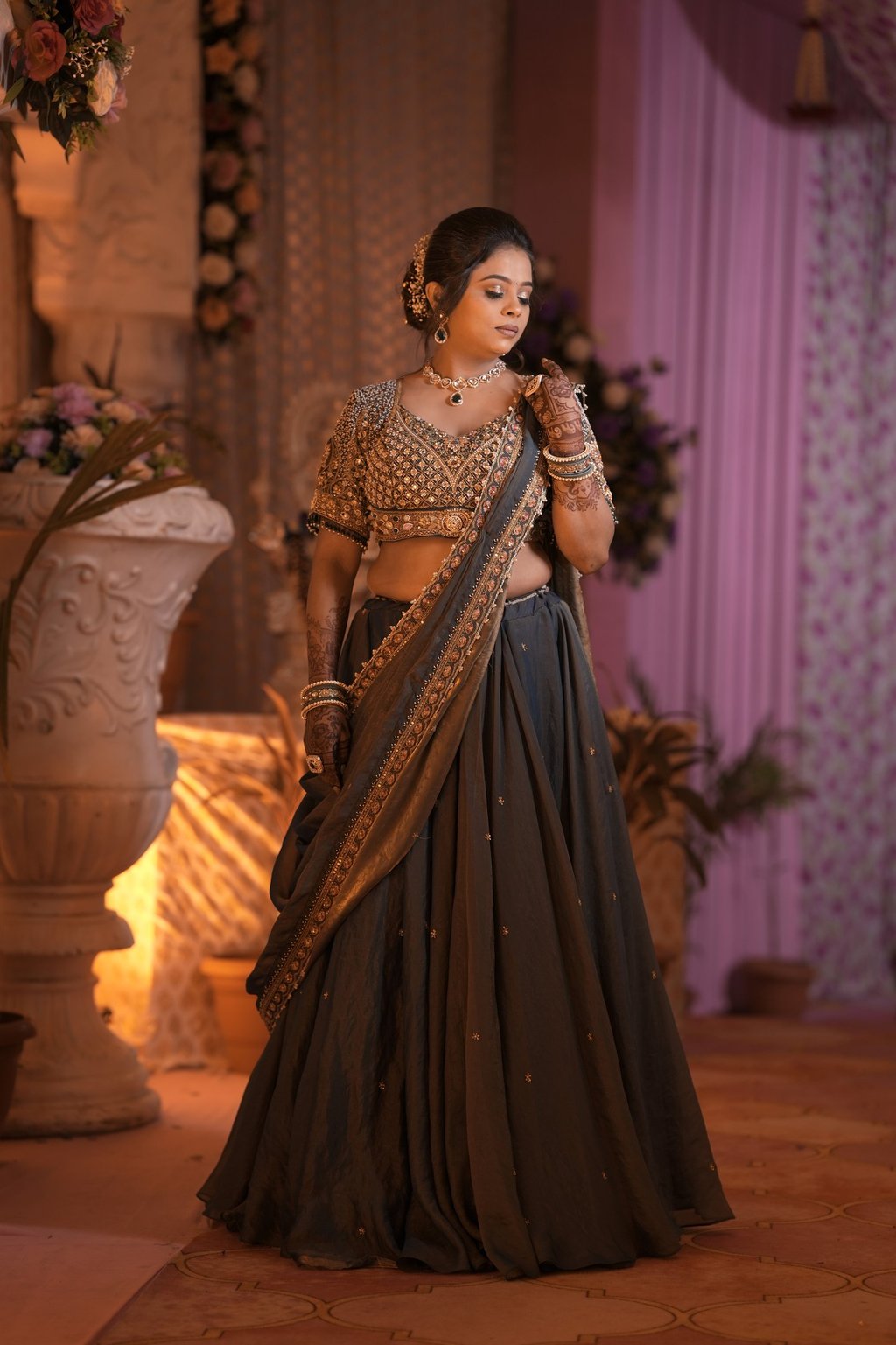 best green and golden lehenga with best makeup artist r&d bridal makeup in gotri