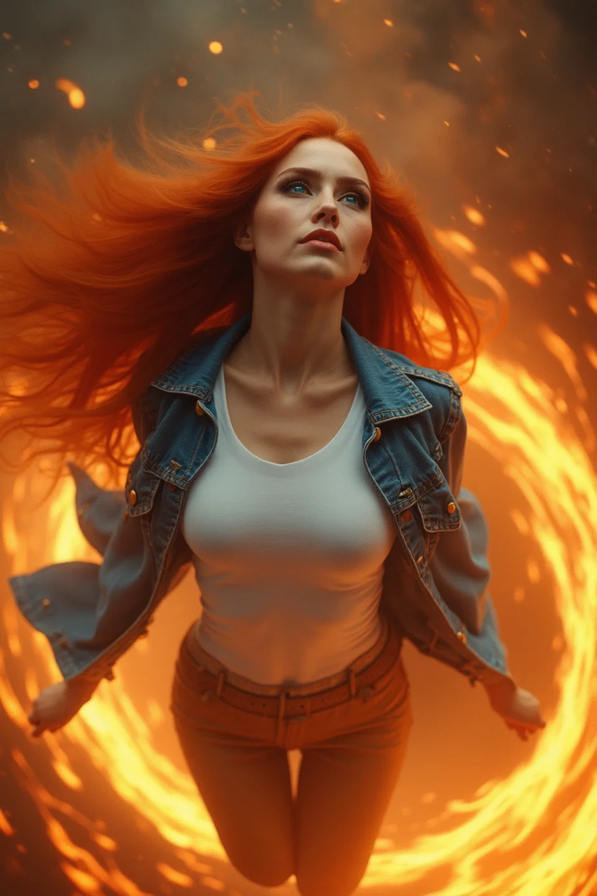 a woman in a white shirt and jeans jacket with a red hair and a denim