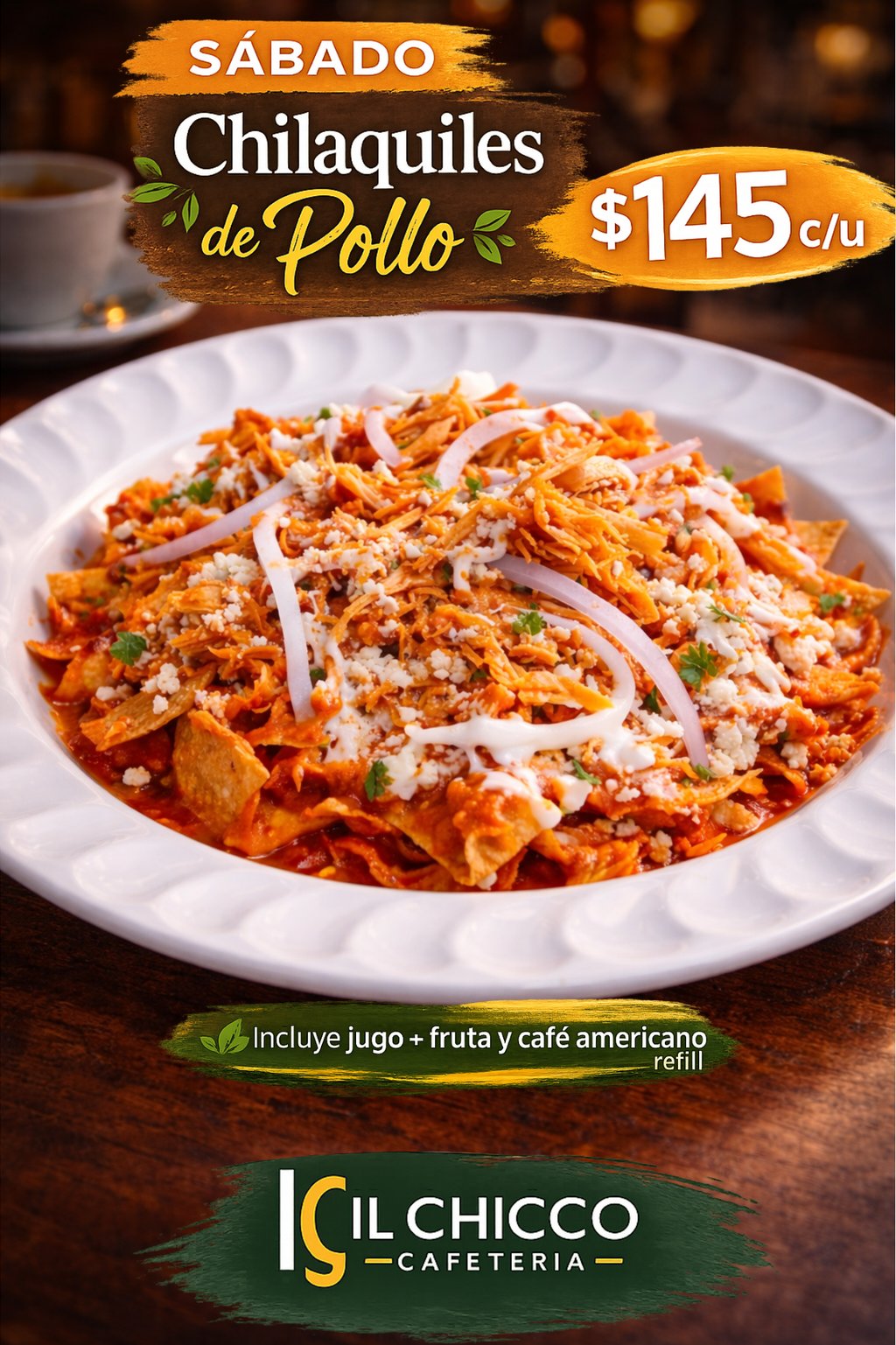 Chilaquiles de pollo en promoción en IL CHICCO servidos en plato con presentación fresca
