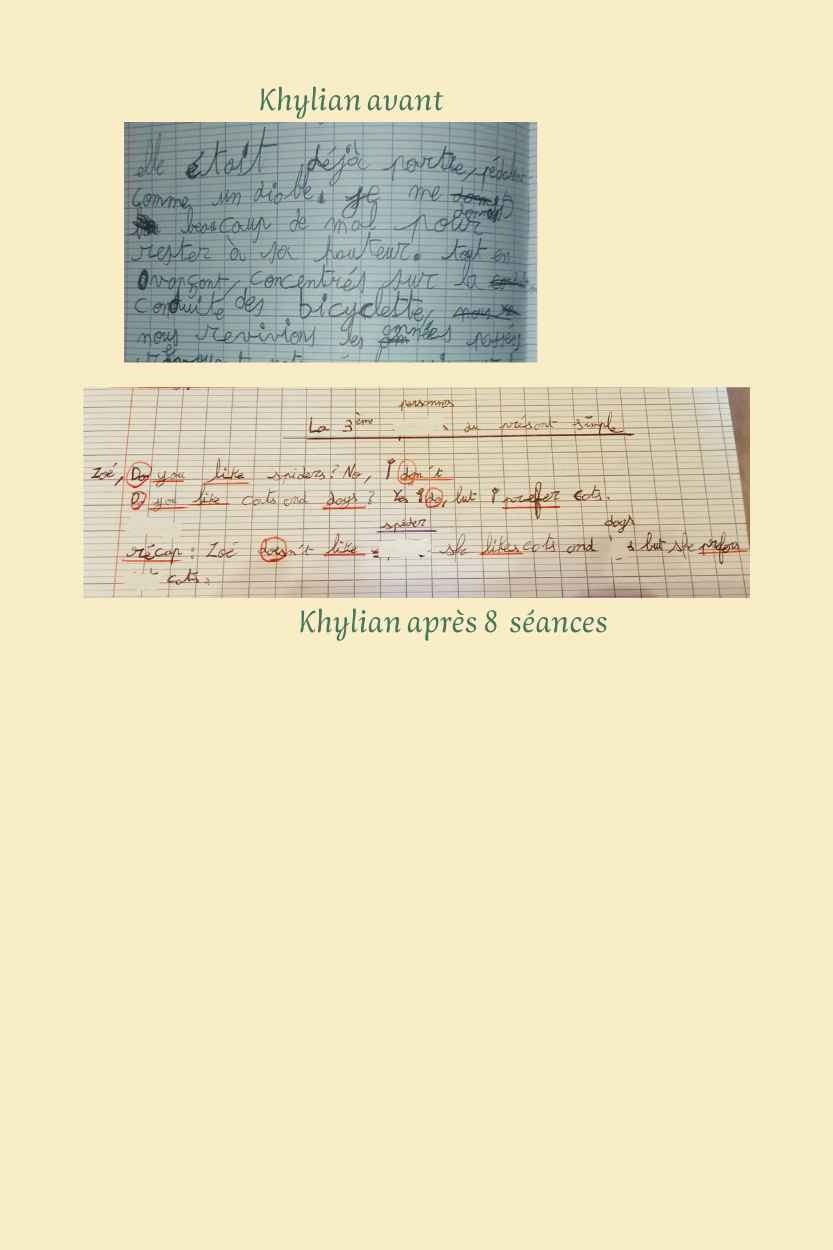 Images de l'écriture de Khylian avant et après un suivi en graphopédagogie.