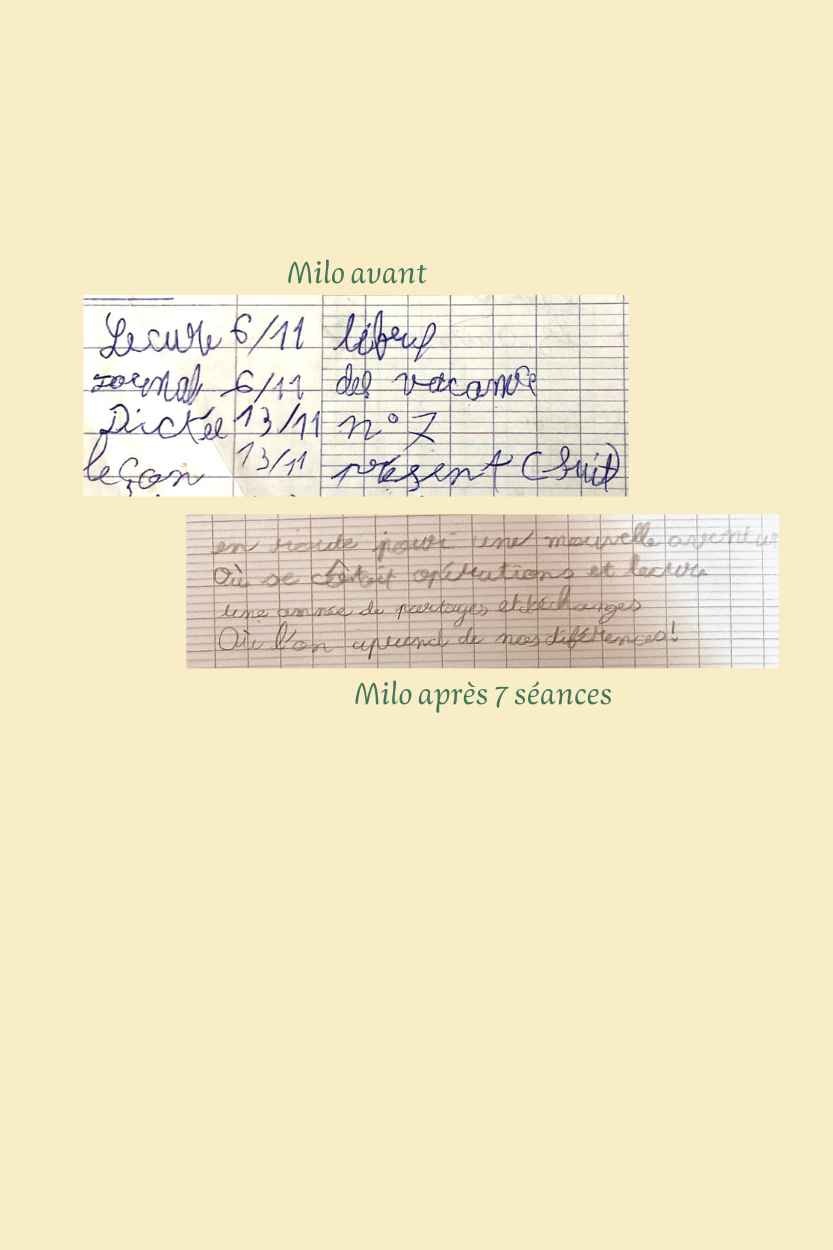 Images de l'écriture de Milo avant et après un suivi en graphopédagogie.