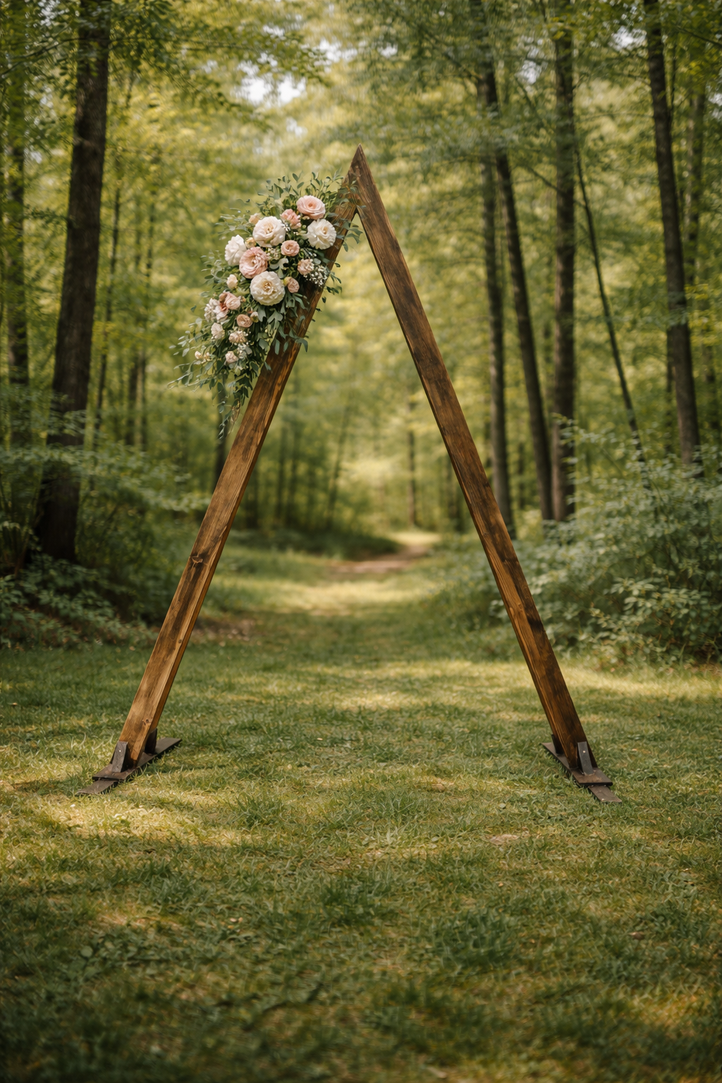Rustic wooden triangle wedding arch with pink roses and greenery in a forest setting.