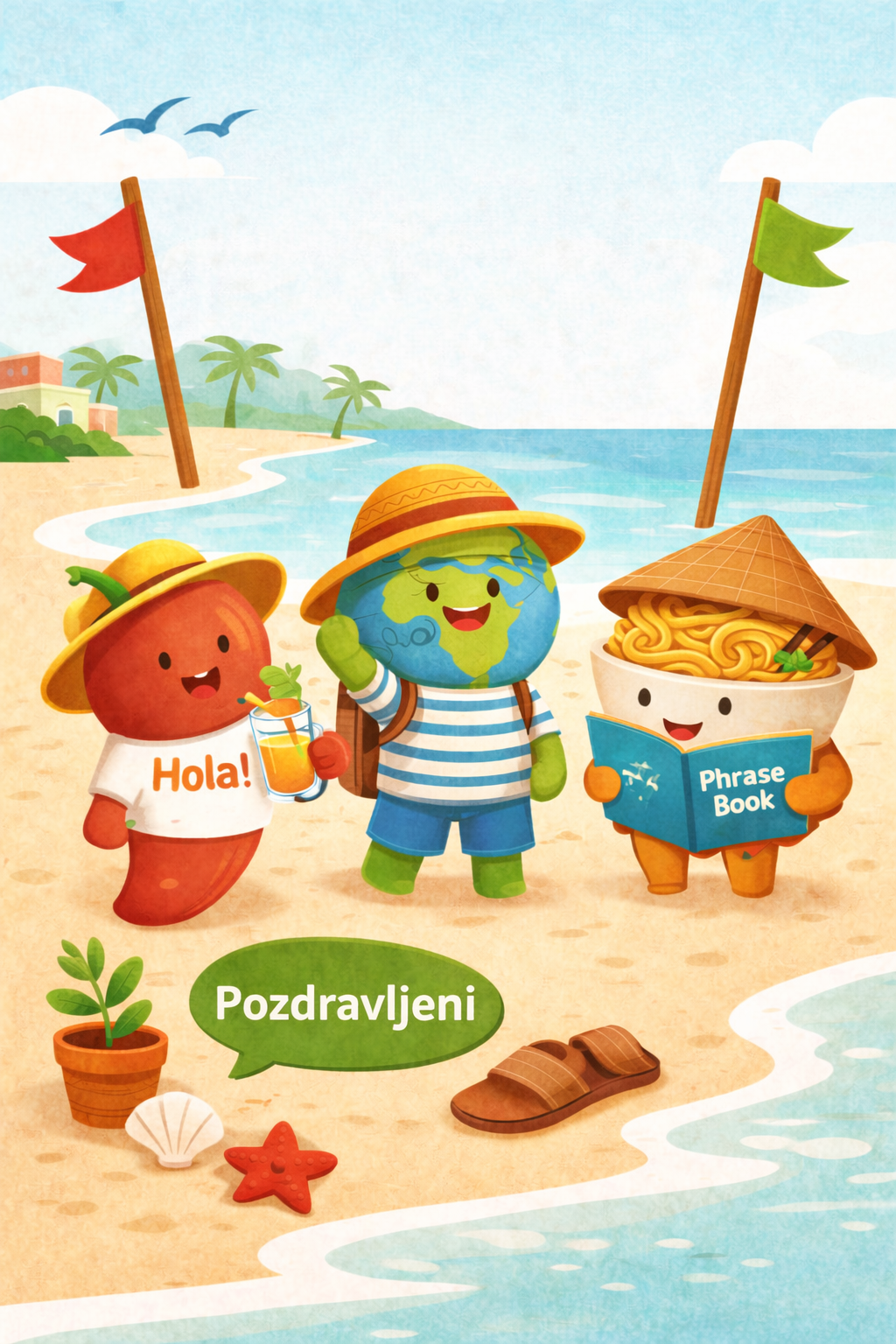 Explorino is learning new languages with his friends on a beach