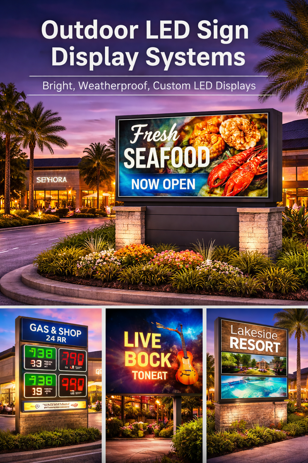 Custom outdoor LED sign display systems showing digital seafood advertisements and gas prices.