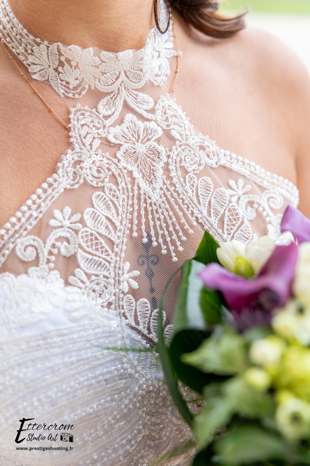 a woman in a wedding dress with a bouquet