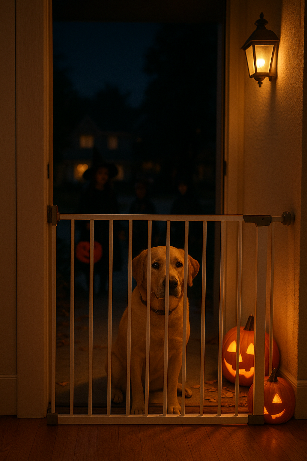 Dog behind gate watching trick-or-treaters outside Burlington home.