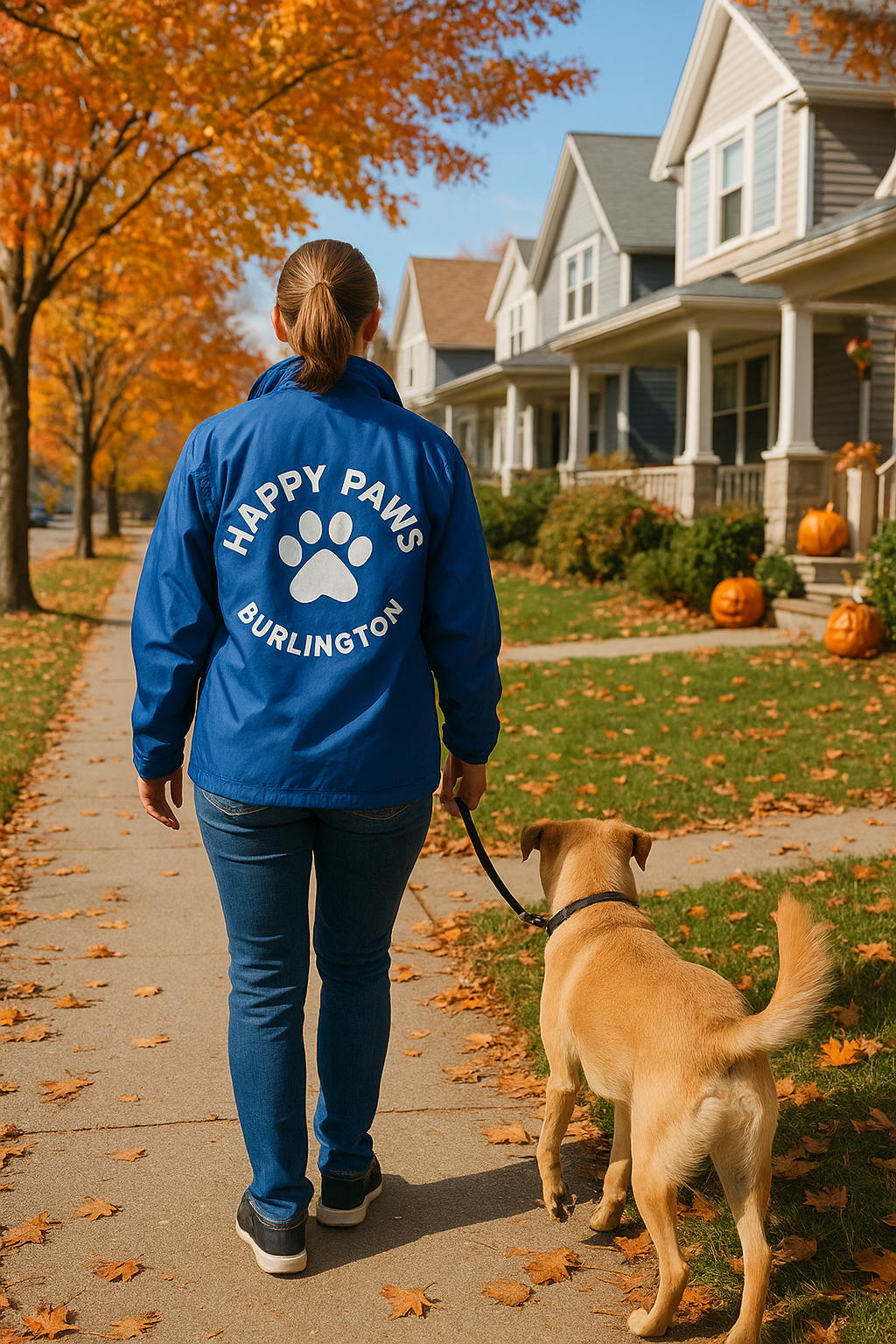 Happy Paws Burlington dog walker on fall walk with pet.