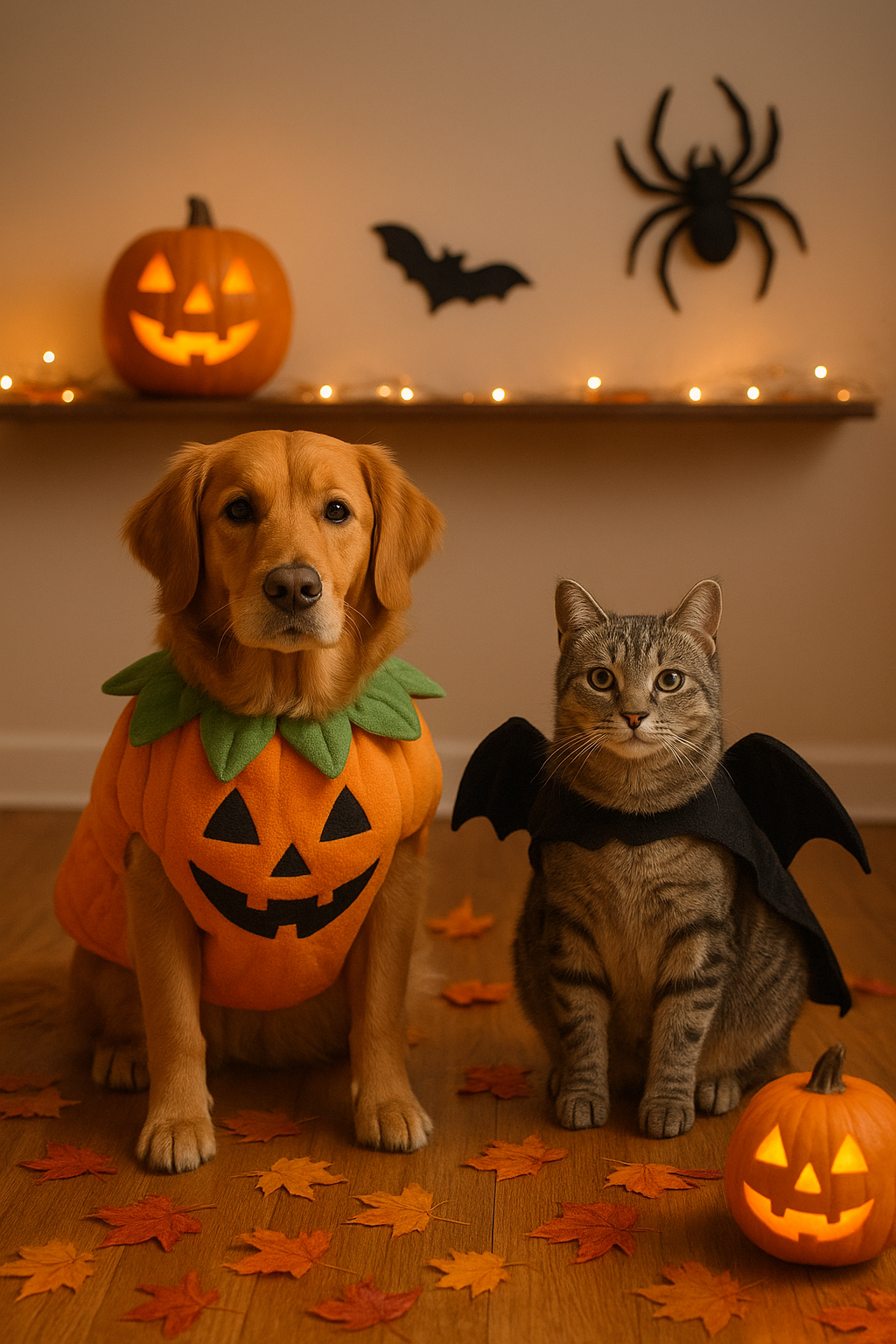 Dog and cat near safe Halloween decorations at home in Burlington.