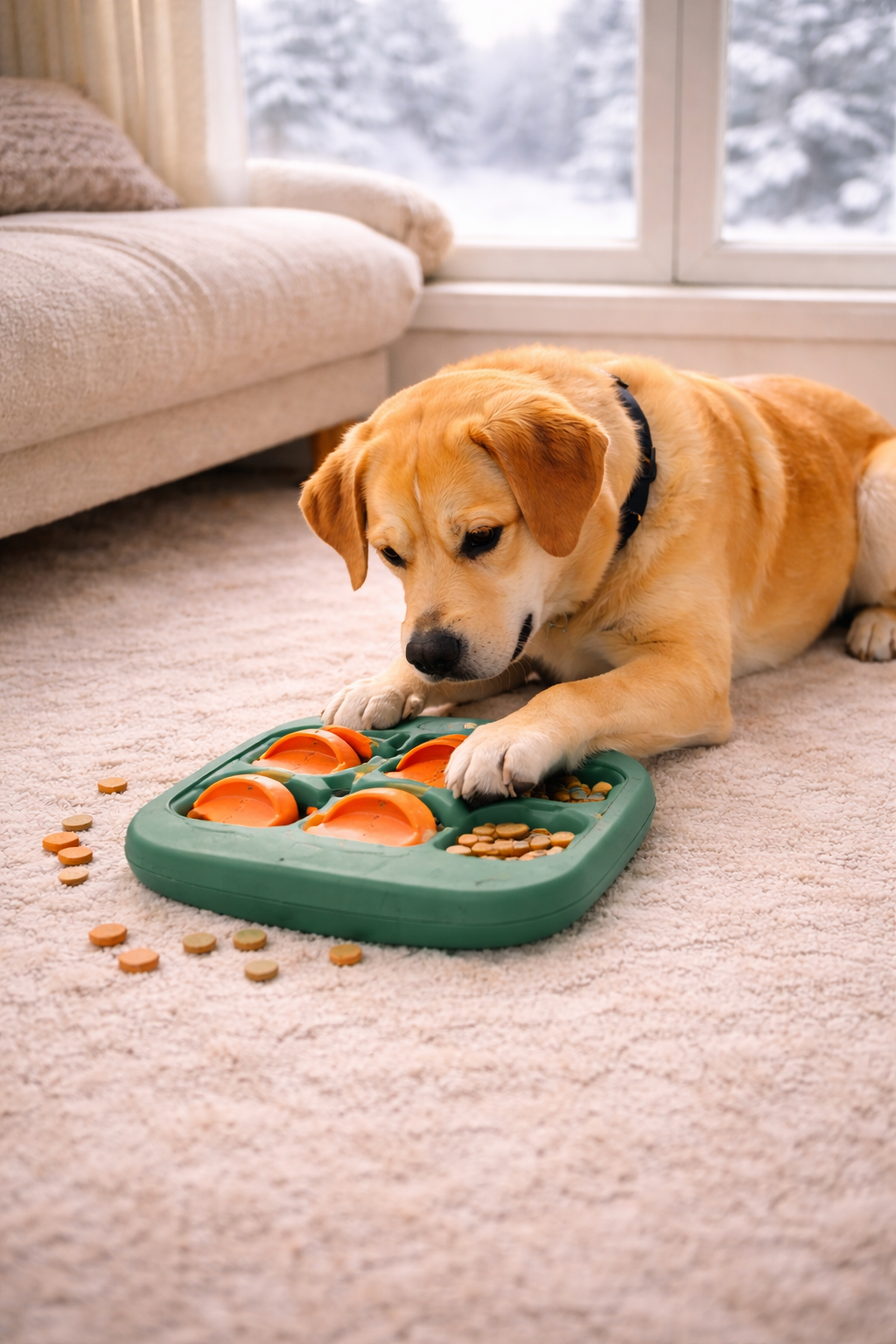 Dog using puzzle feeder indoors