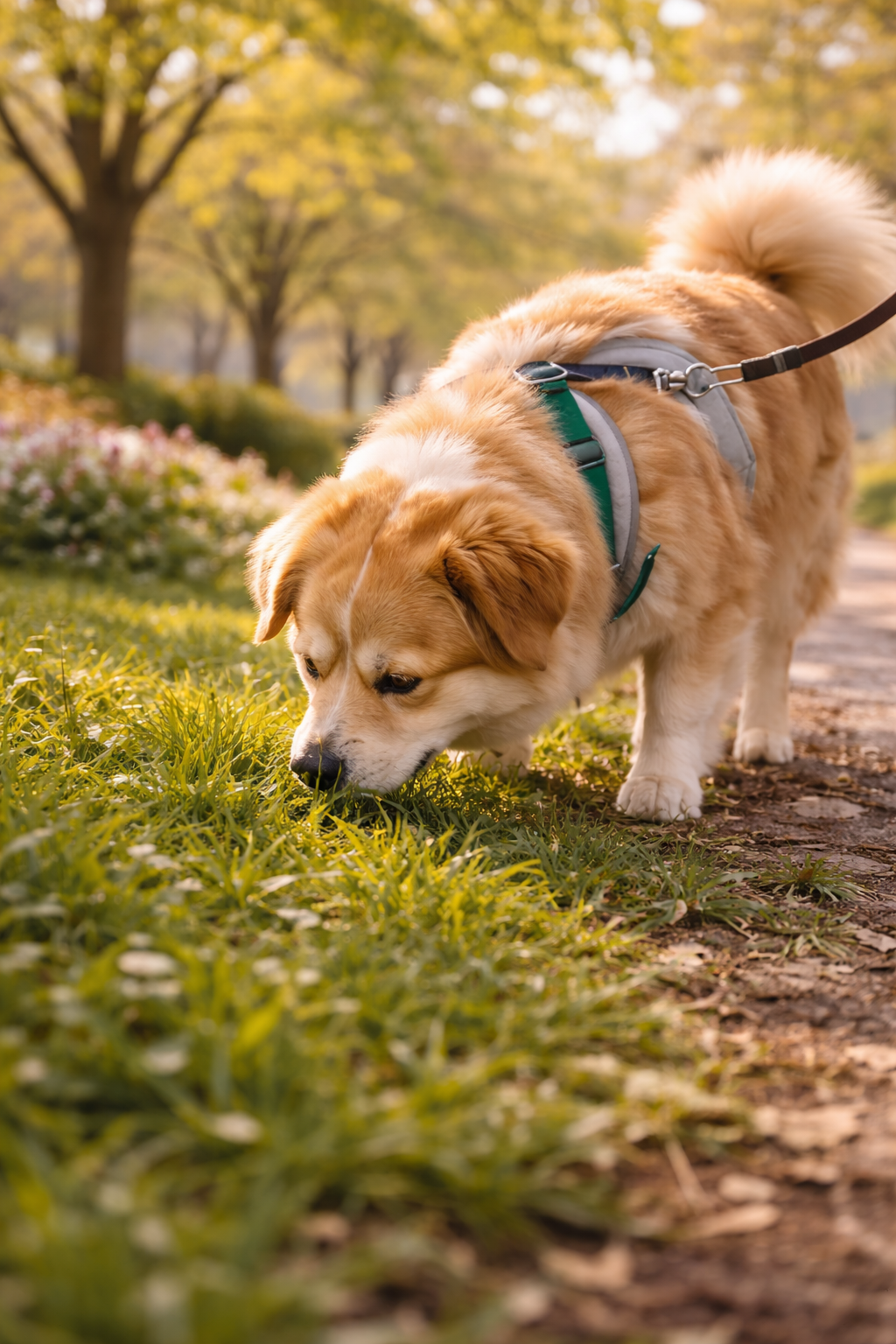 Dog sniffing fresh grass during spring walk.
