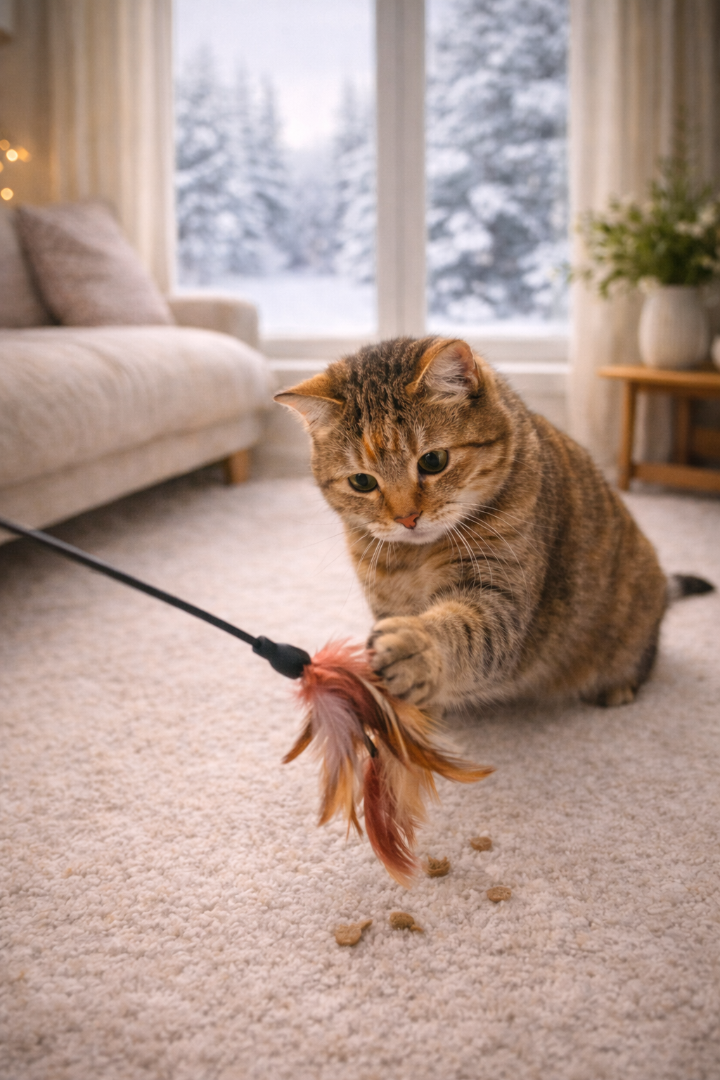 Cat playing indoors during winter