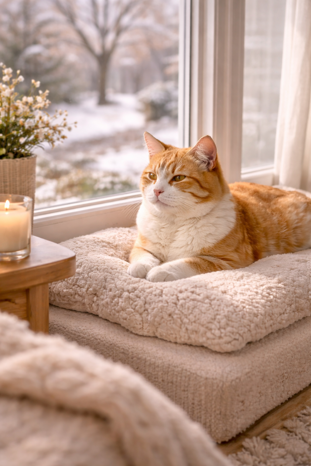 Indoor cat enjoying winter sunlight