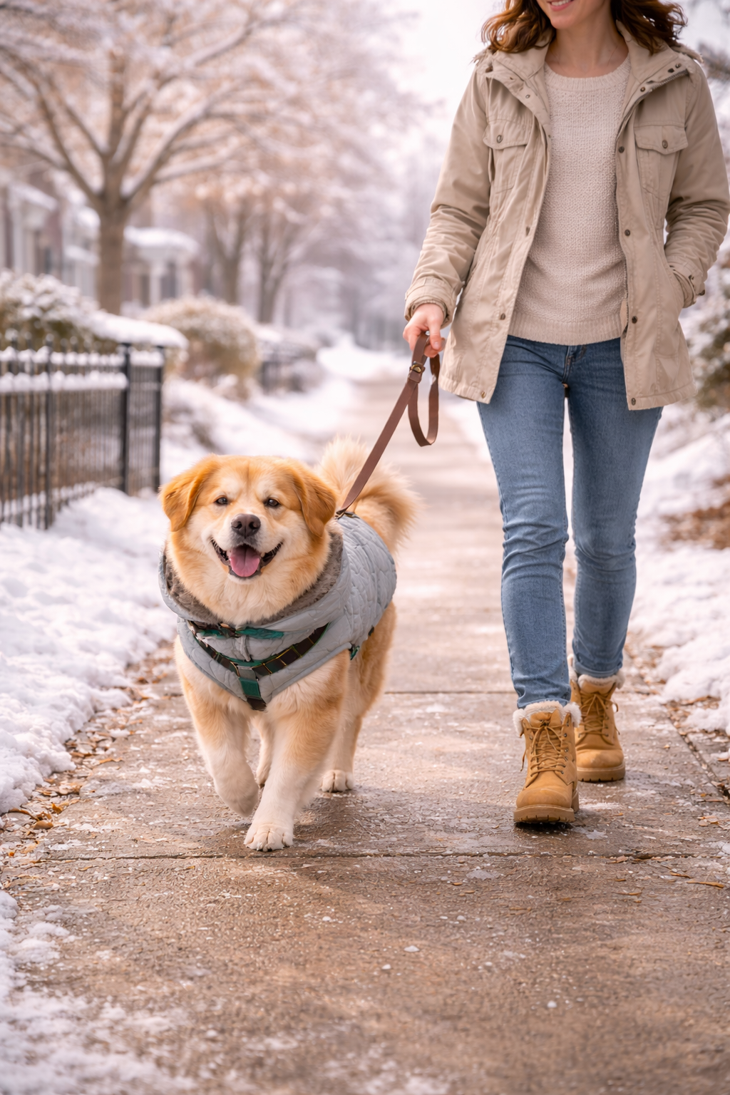 Dog walking safely in winter in Burlington