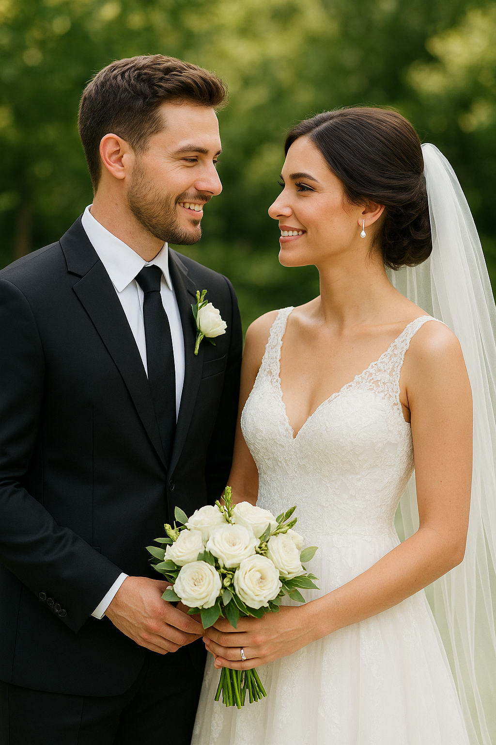 Ένα νεόνυμφο ζευγάρι που χαμογελά μαζί στο γάμο του.