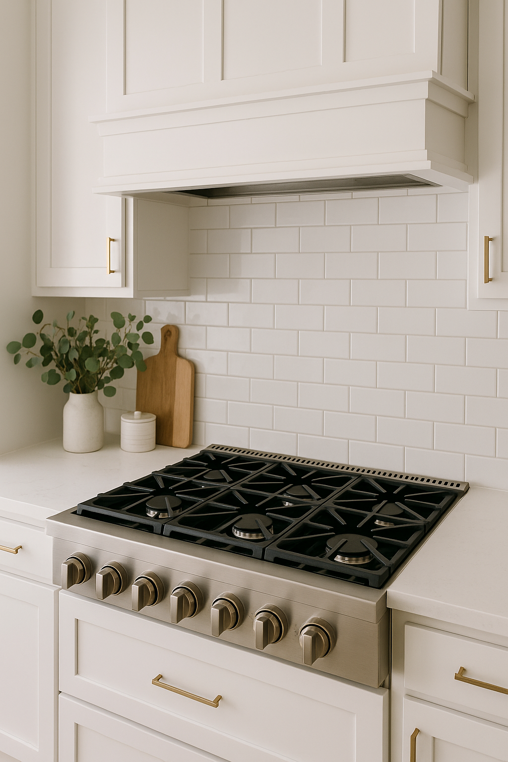 Built-in six-burner gas cooktop in a modern white kitchen.