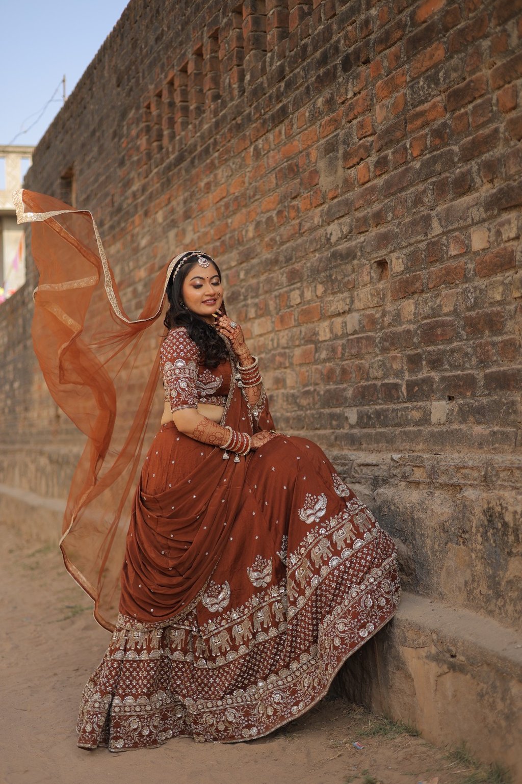 Full bridal look with traditional lehenga and makeup and hairstyle near me in Gotri Vadodara.