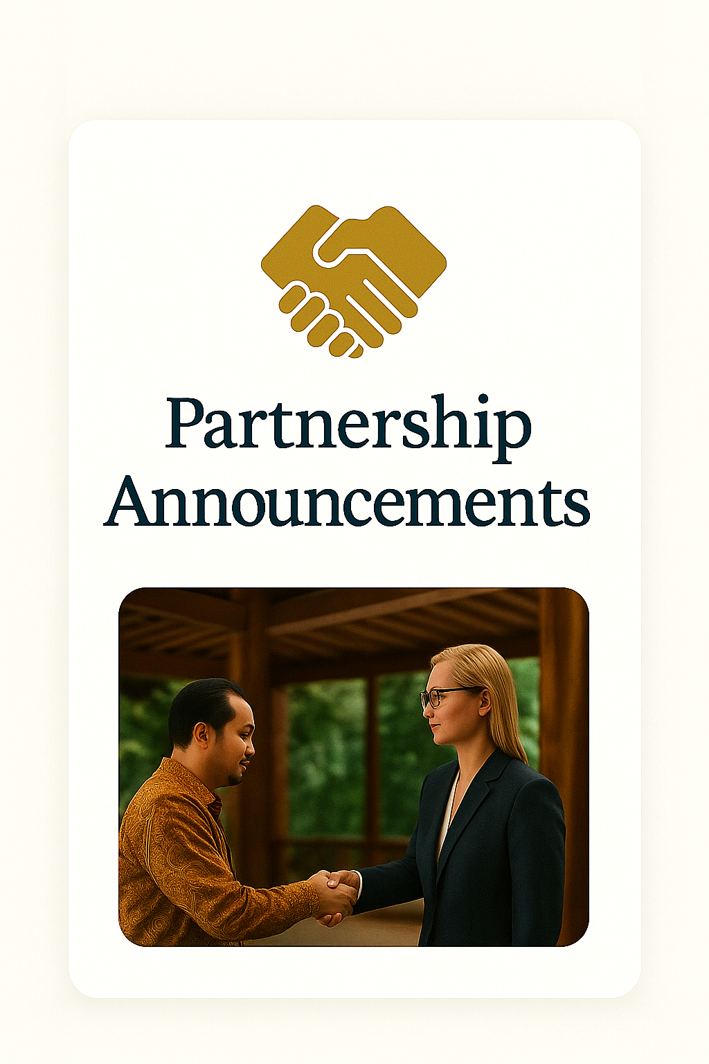 a man and woman shaking hands with a sign that says partnership