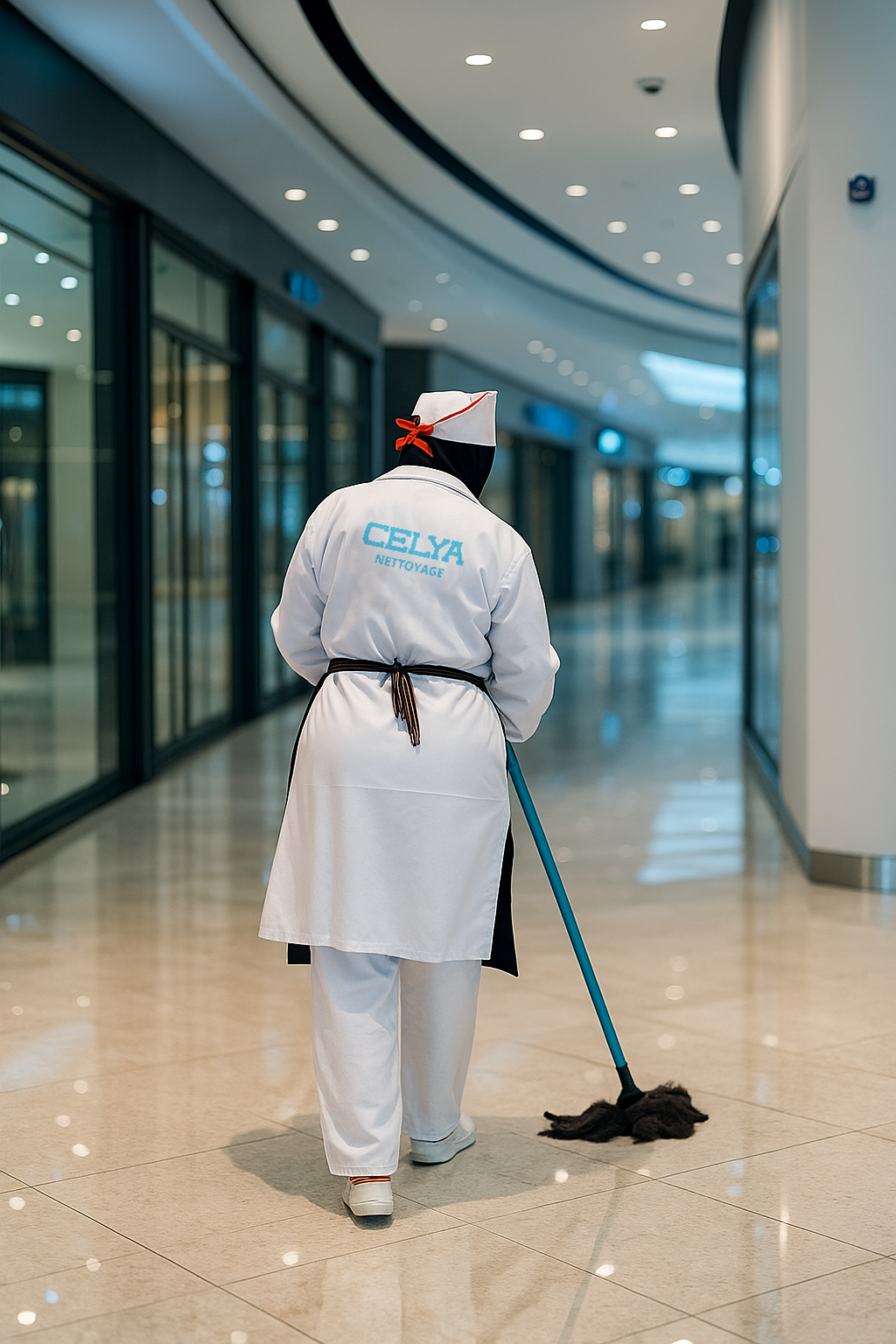 Femme de ménage en uniforme blanc nettoyant le sol d’un centre commercial à Casablanca