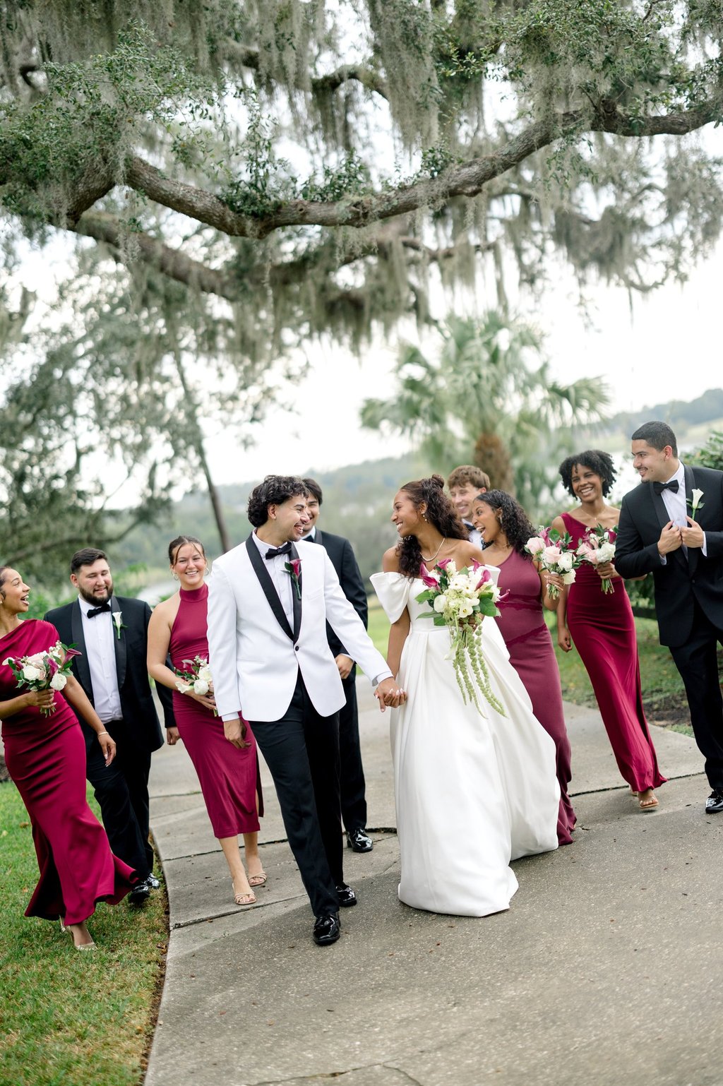 Allegro Events wedding party burgundy bridesmaids at lakeview gardens, umatilla, fl