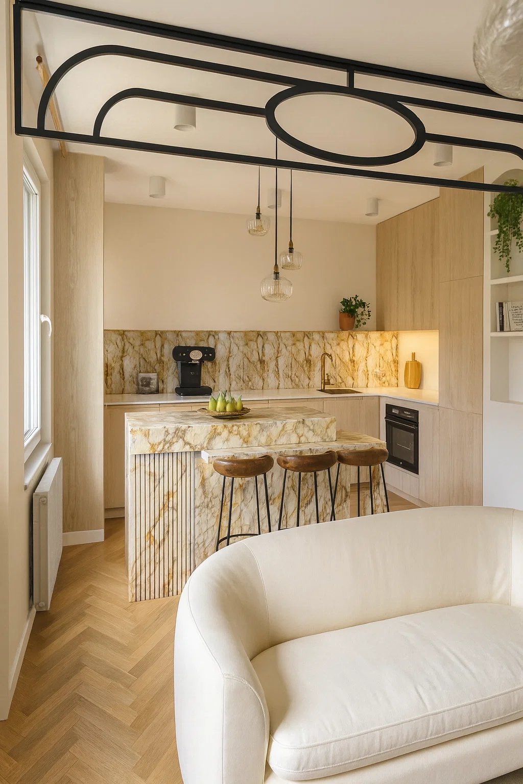 Modern luxury kitchen with marble island, breakfast bar stools, and minimalist wood cabinets.