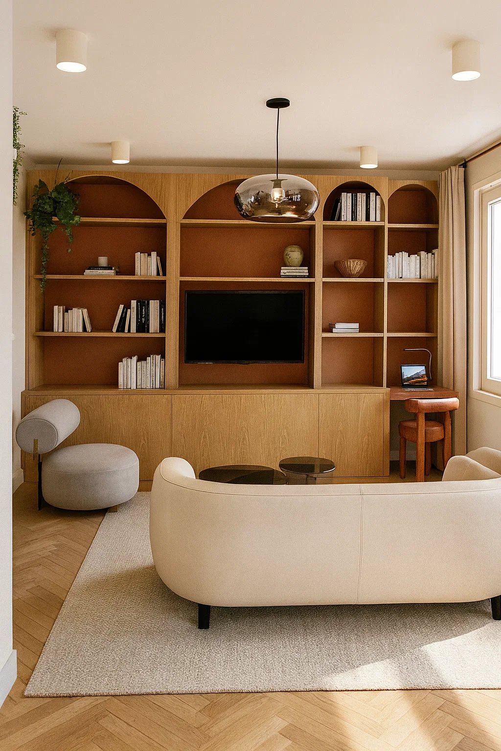 Modern living room featuring a custom arched oak wall unit with bookshelves and a built-in media center.