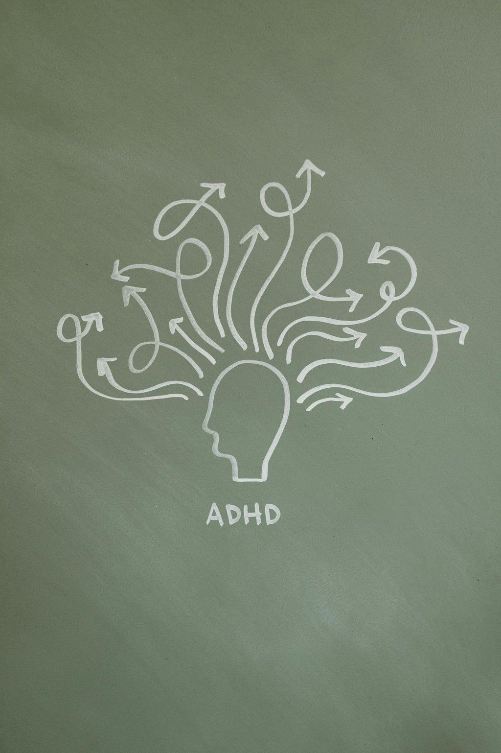 A depiction of a head silhouette with many arrows pointing in various directions, symbolising ADHD