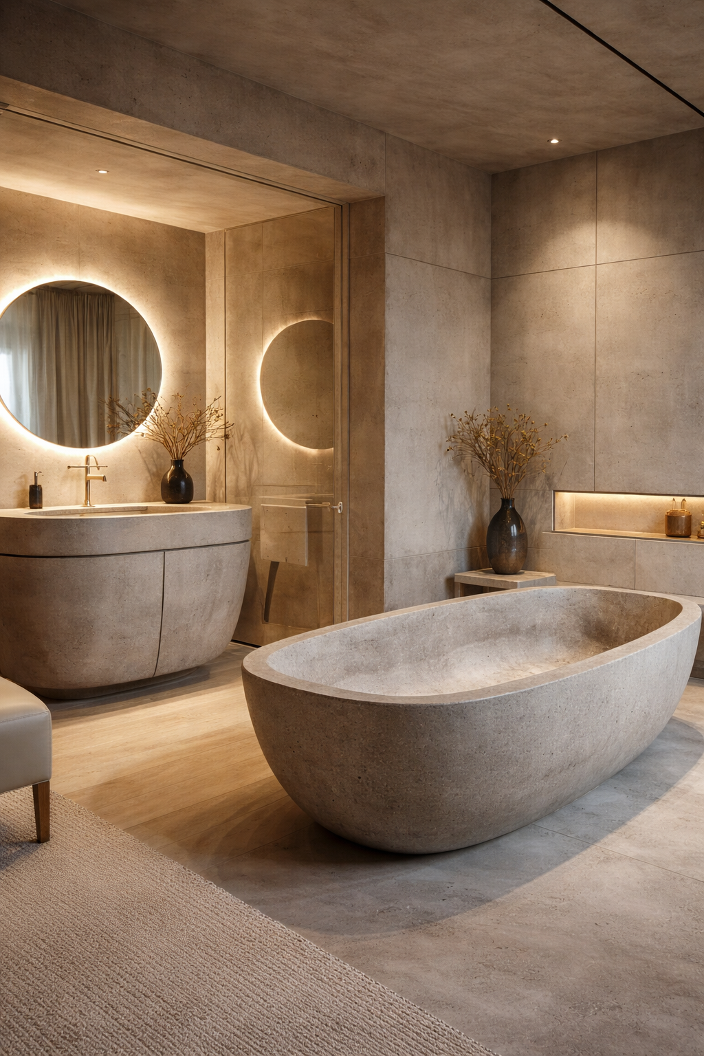 Banheira e cuba de concreto autoral em banheiro de luxo com iluminação quente e design minimalista.