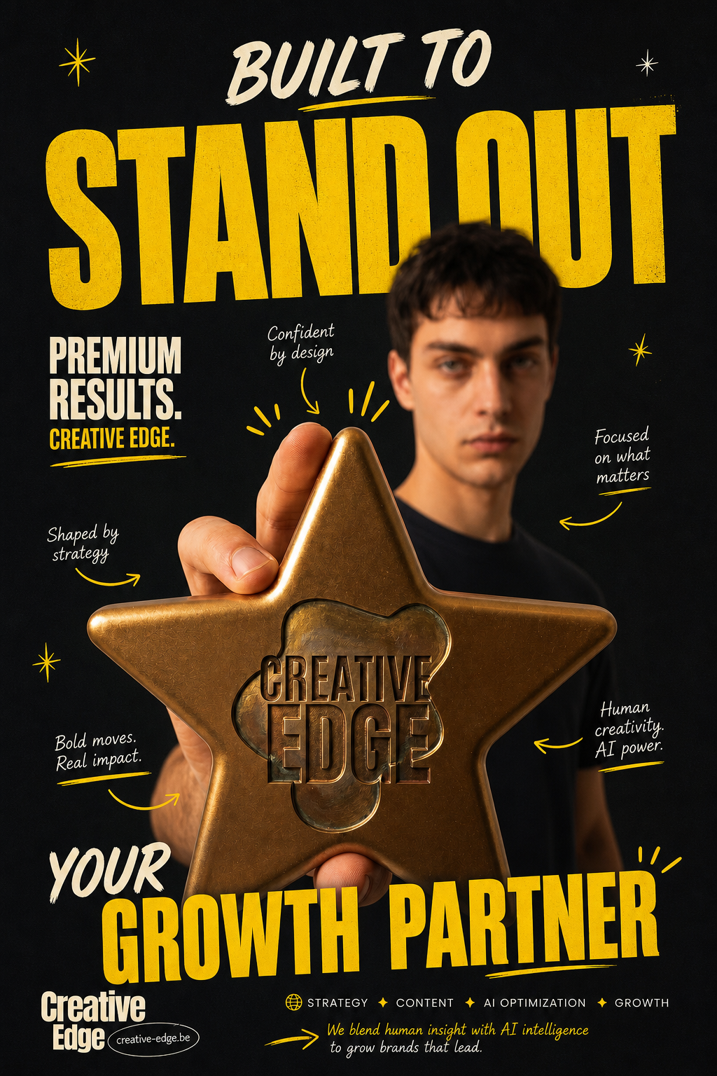 A person holding a gold star award for Creative Edge, a growth partner for strategy and AI optimization.