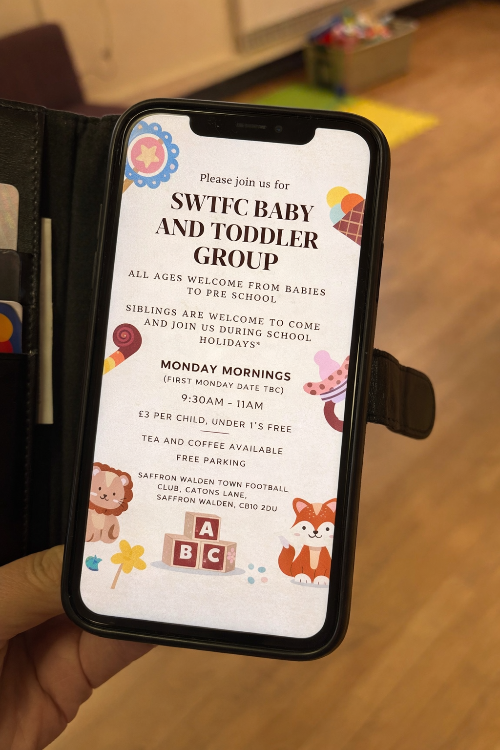 Baby and toddler group poster for SWTFC Baby & Toddler Group held Monday mornings at Saffron Walden Town Football Club