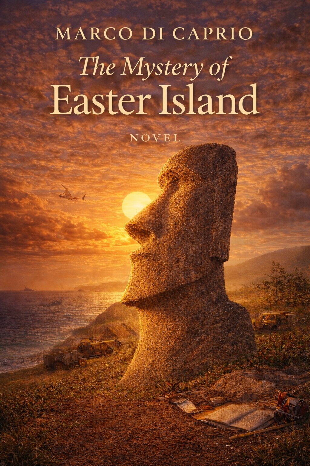 Novel book cover for The Mystery of Easter Island by Marco Di Caprio featuring a stone Moai statue at sunset.