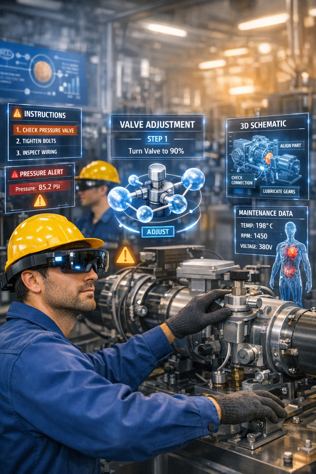 Técnico utilizando realidade aumentada para visualizar instruções sobre uma máquina em operação.