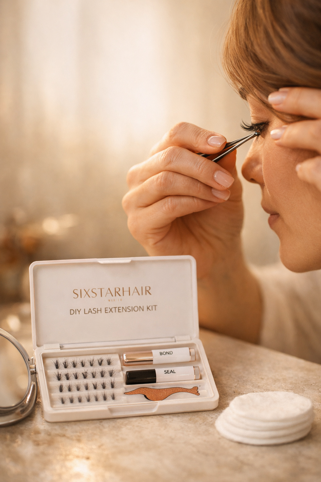 Woman applying individual clusters from a professional DIY lash extension kit with tweezers.
