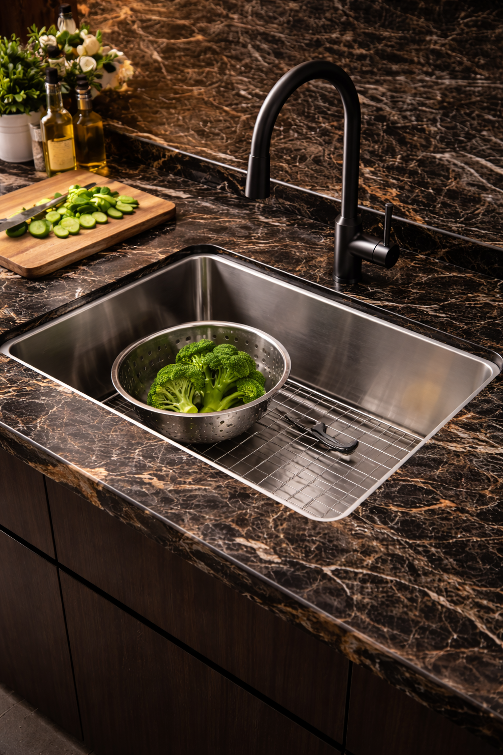 A stainless steel kitchen sink with a matte black faucet and marble countertop.