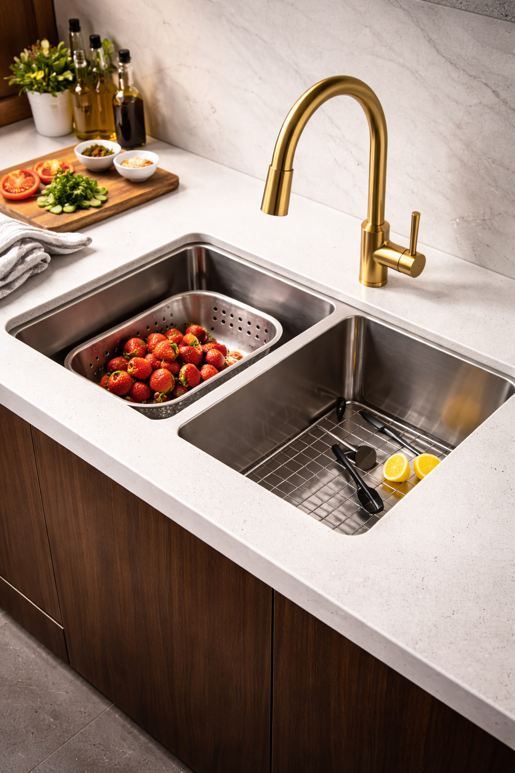 Double bowl stainless steel kitchen sink with gold faucet, strawberries in a colander, and fresh lemons.