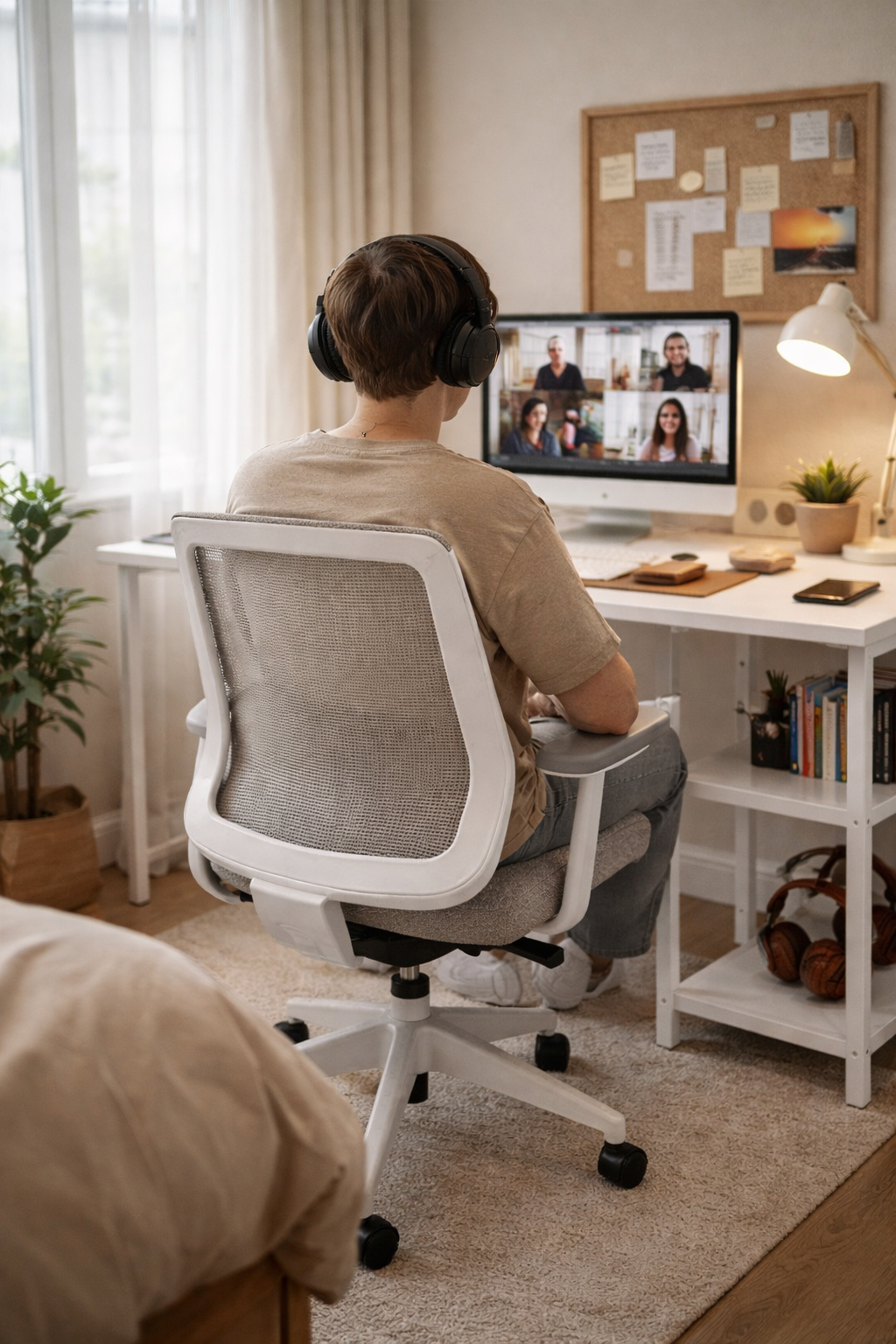 A person sitting in an ergonomic white mesh office chair while attending a remote video conference meeting.