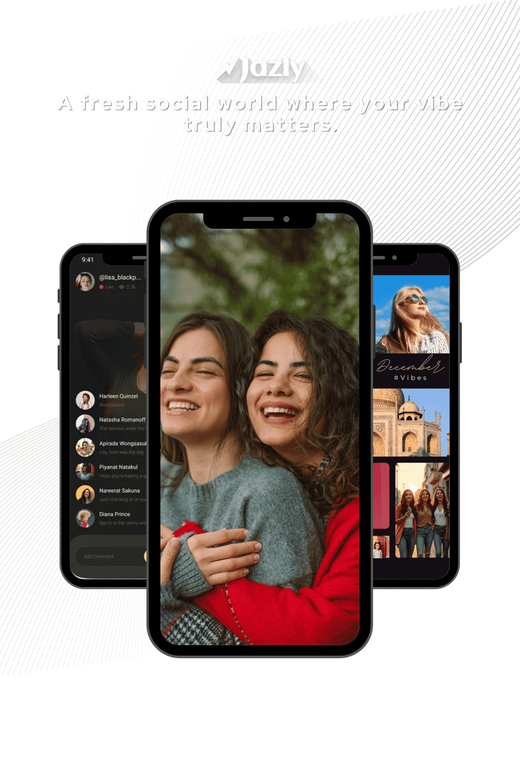 Jazly social media app interface on smartphones showcasing user profiles and lifestyle photo sharing.