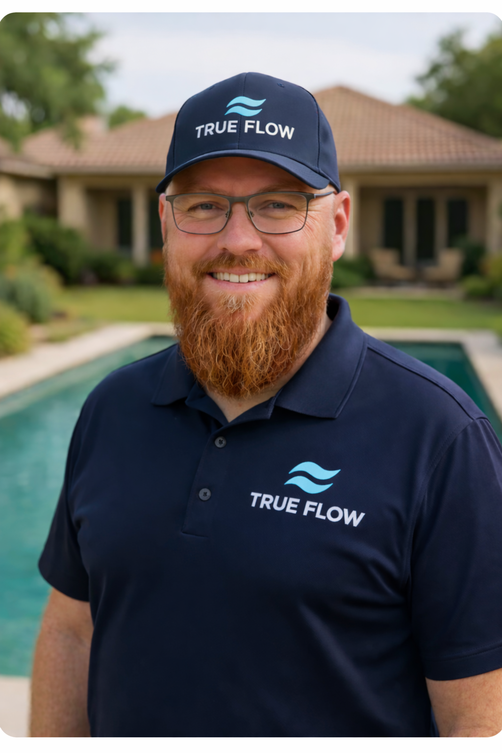 Geoff from True Flow Pool Solutions standing by a backyard pool in Round Rock, Texas.