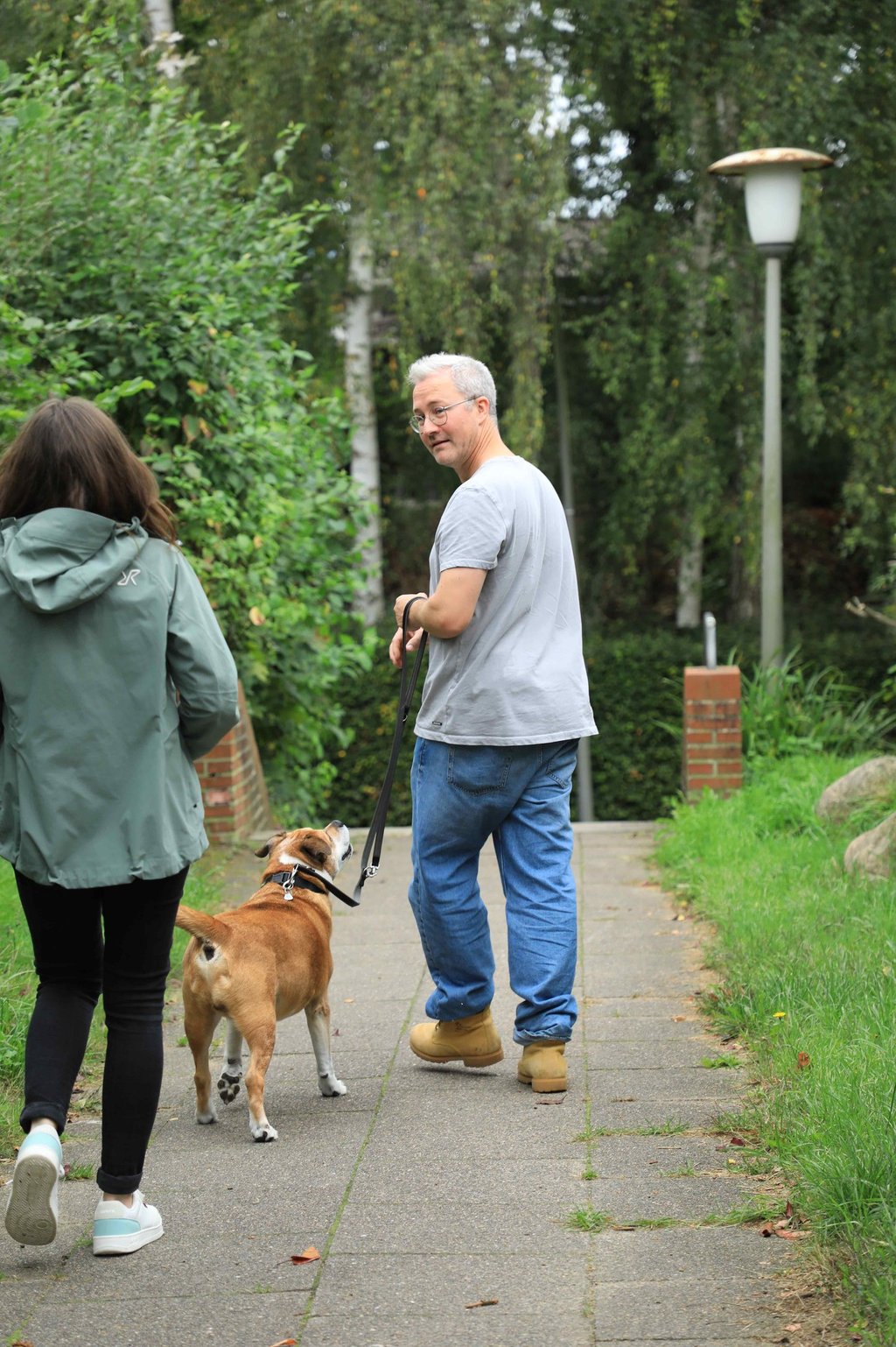 Hundetrainerin gibt Tipps an Hundehalter mit Hund im Training
