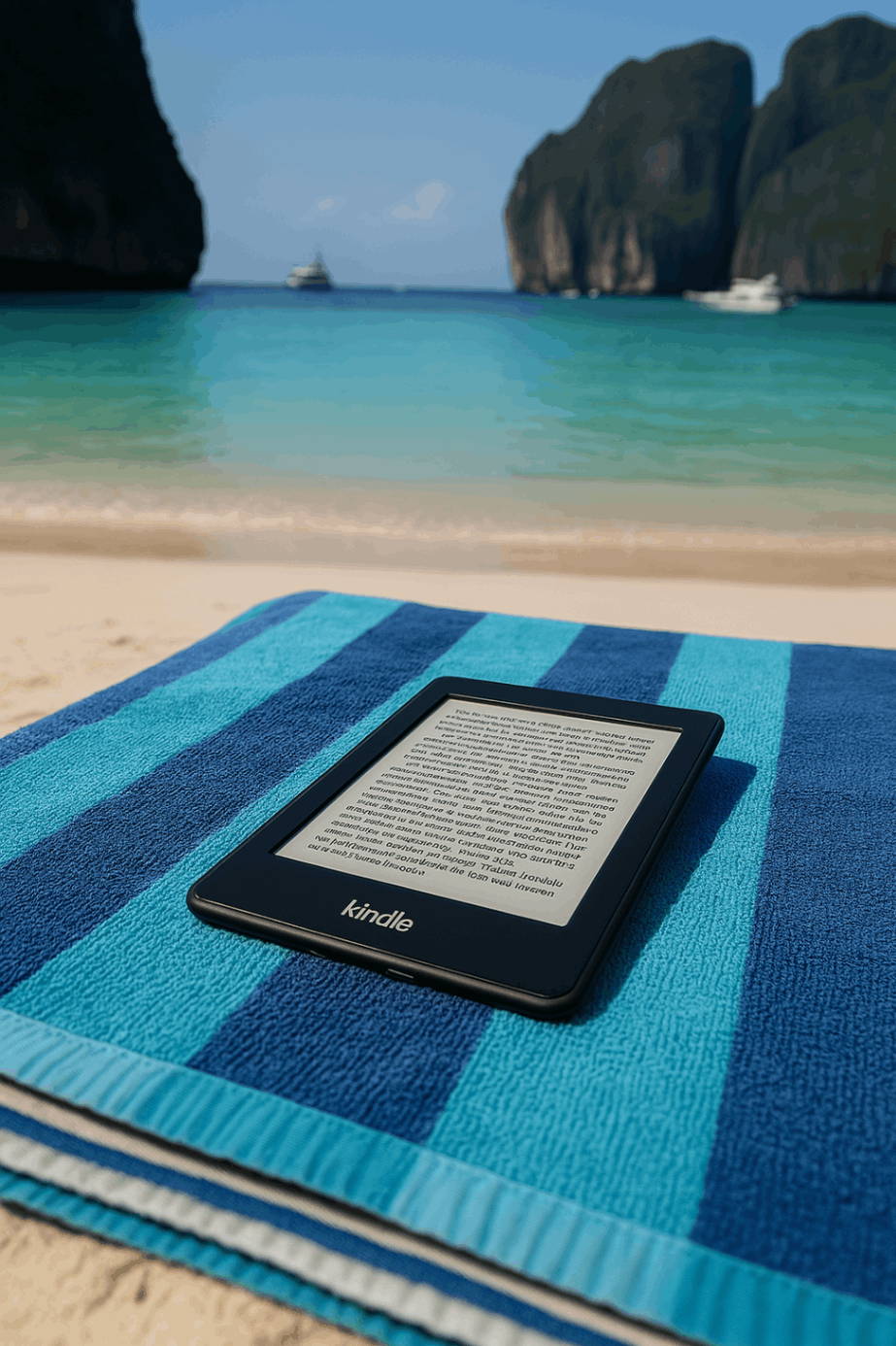 A Kindle Paperwhite on a beach towel on a Thai Beach with the ocean in the background