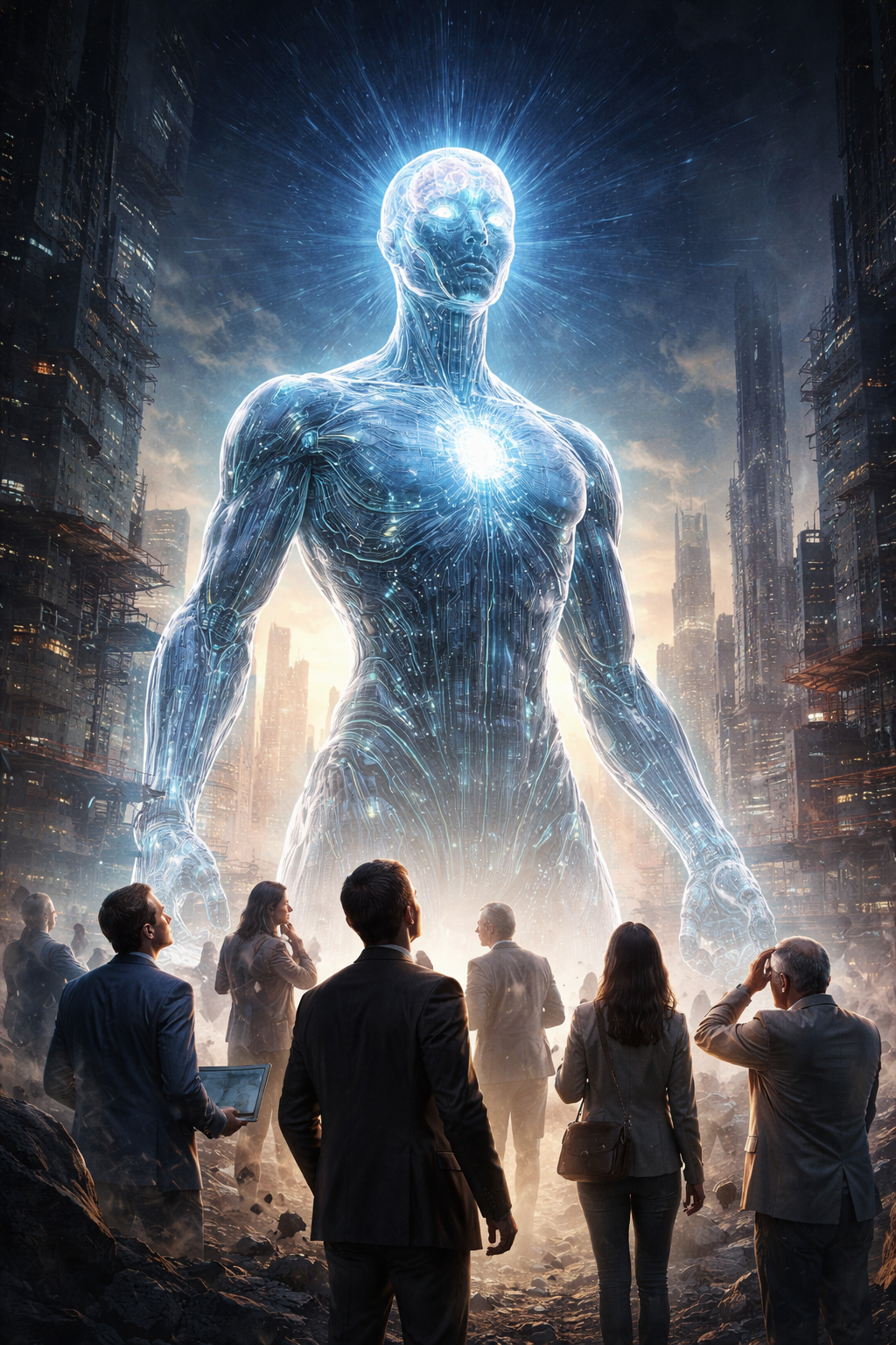 Superinteligencia emergiendo, como un holograma luminoso de luz azul, sobre los humanos que miran asustados.
