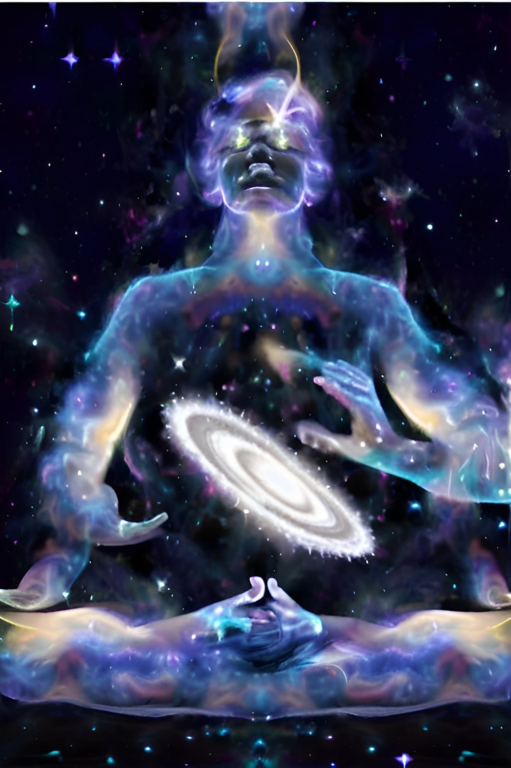 a man sitting in a meditation position with a galaxy - like body