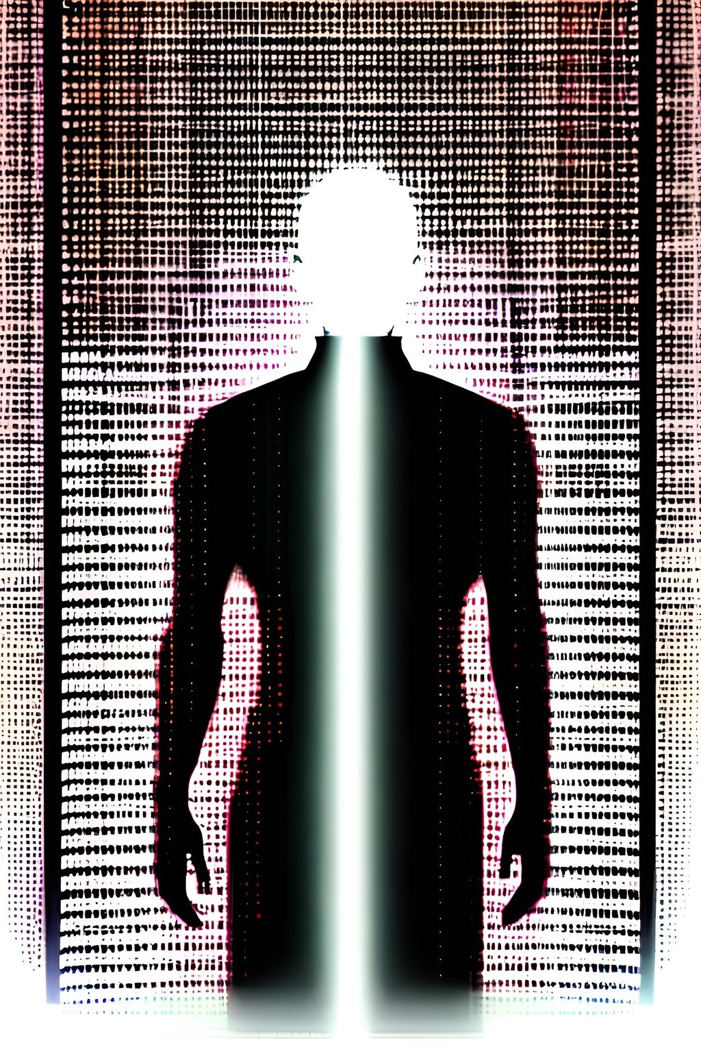 a man standing in front of a large screen with a light shining in the background