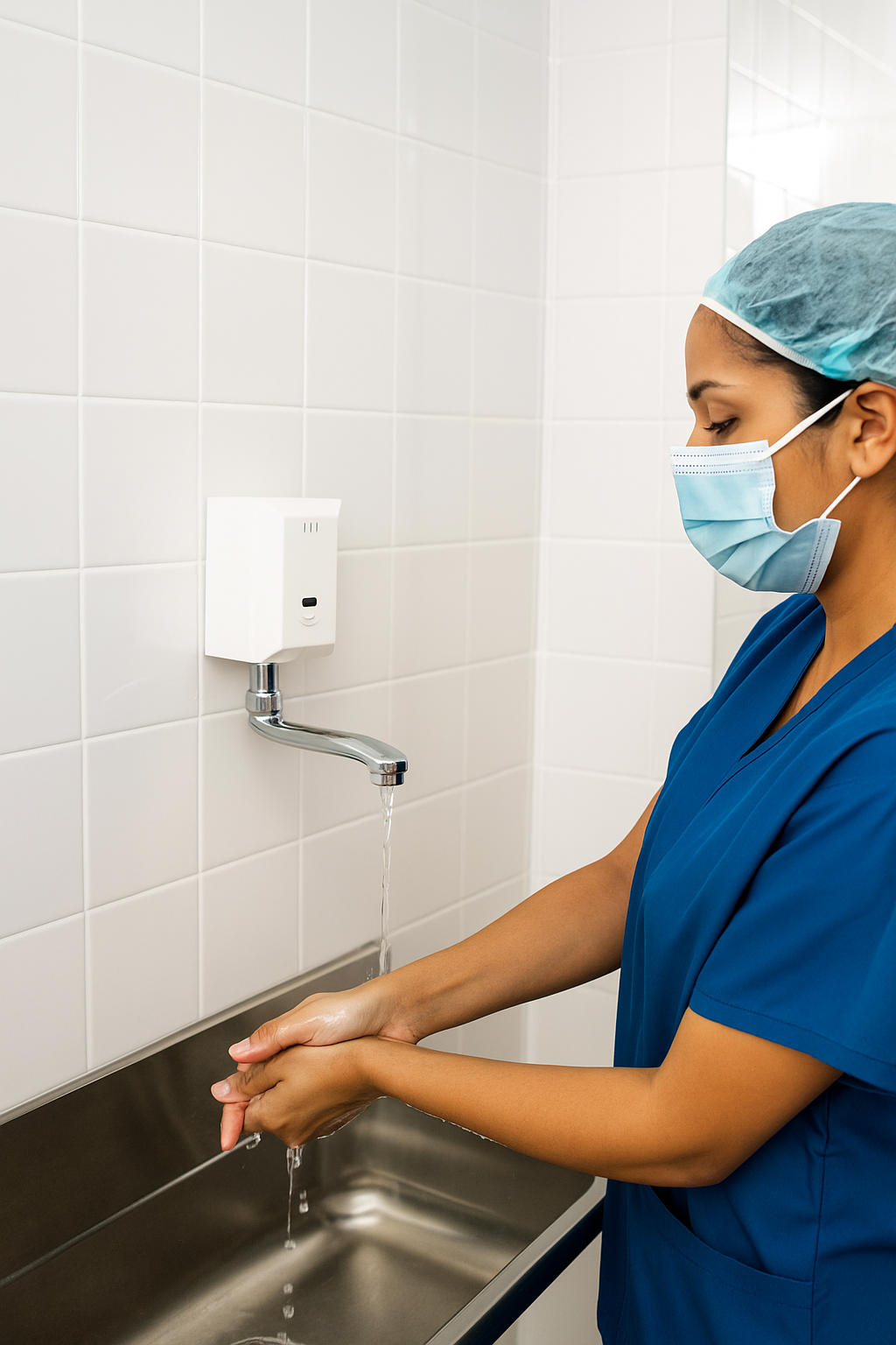 Médica lavando as mãos em uma torneira com sensor de parede.