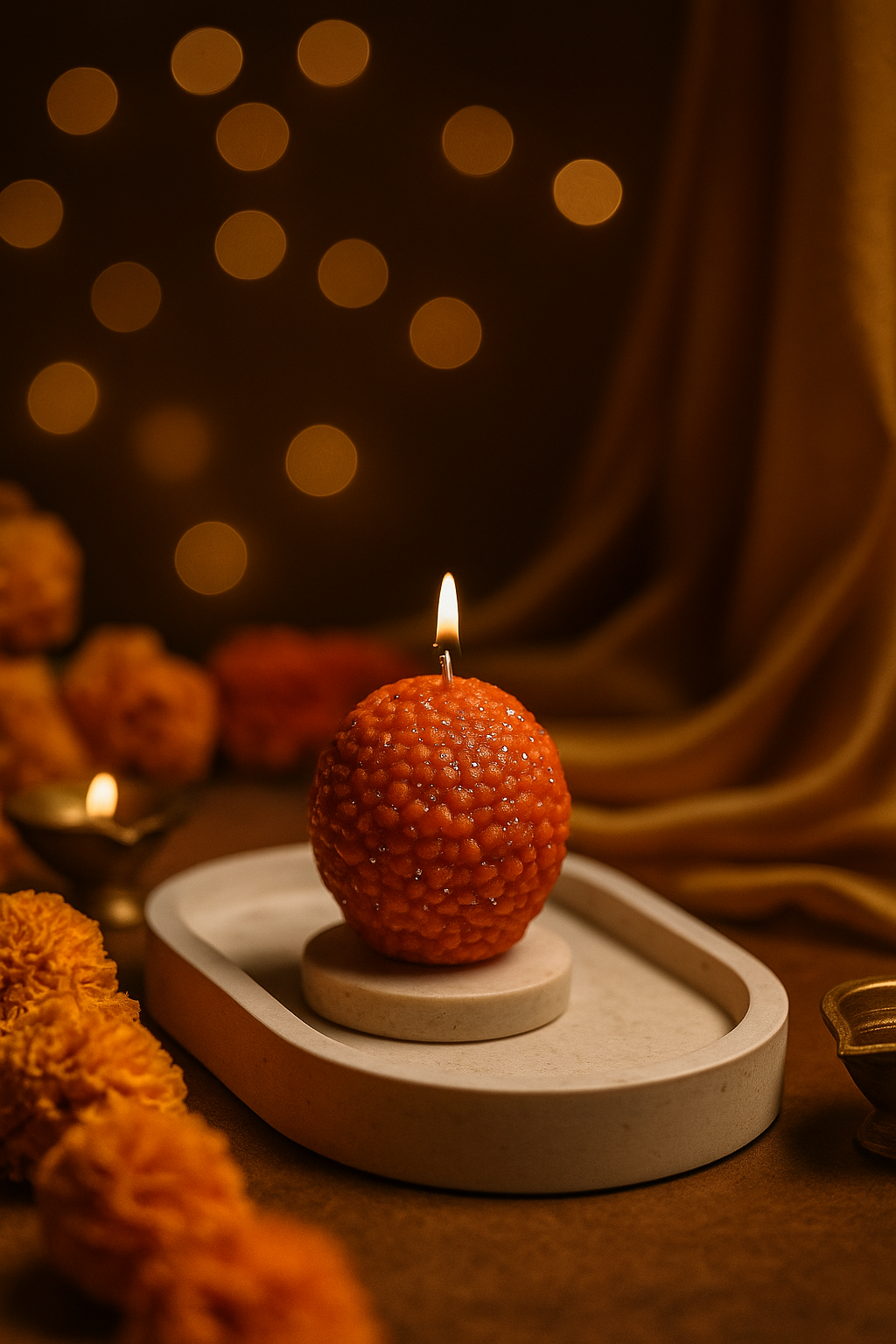 a motichur laddu candle in the middle of a table