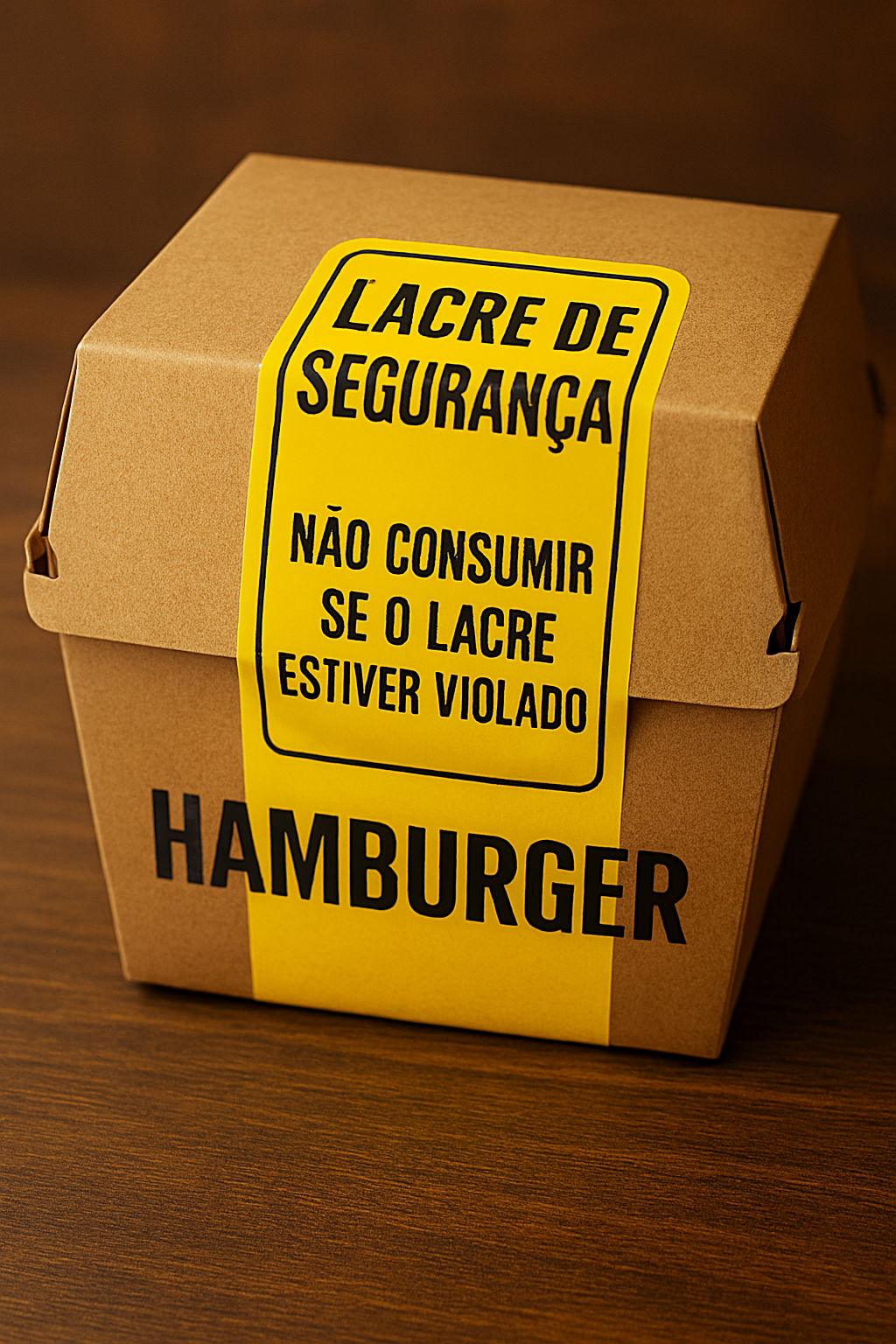 Imagem de uma caixa de hambúrguer com etiqueta de lacre de segurança.