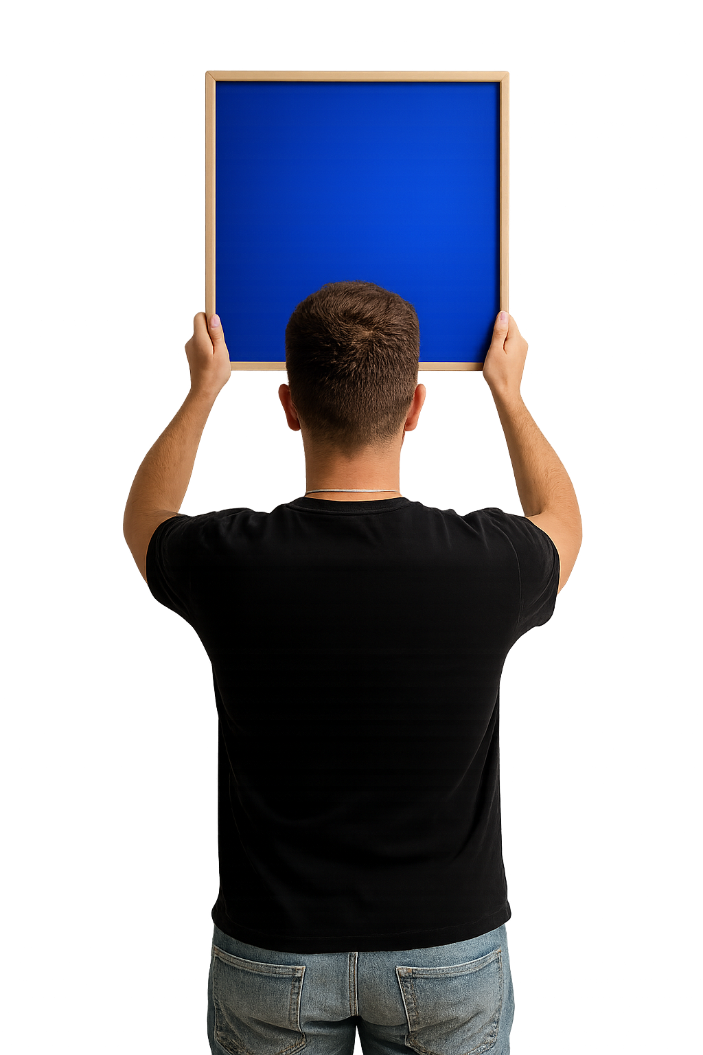 a man holding a blue square shaped picture frame