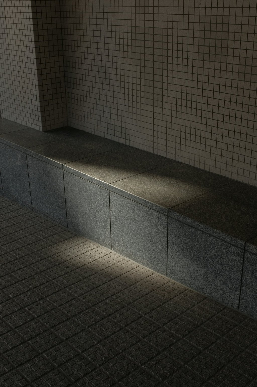 Sunlight casting shadows on a concrete tiled seating area and wall.