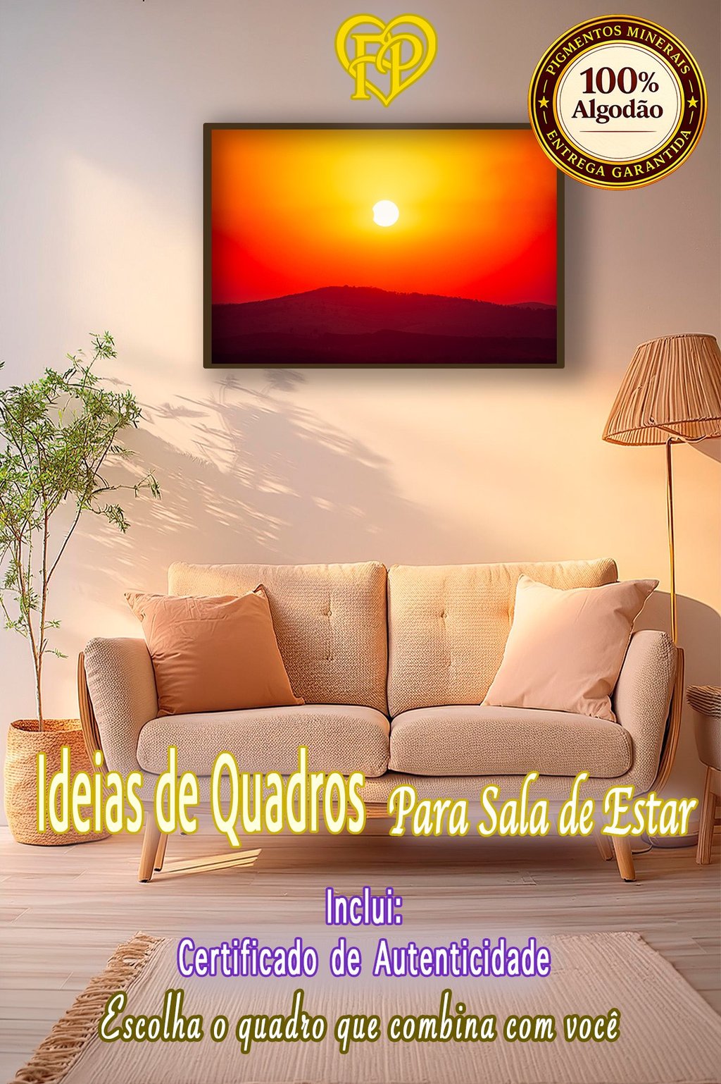 Imagem da sala de um apartamento com decoração de cores terrosas e um quadro Fine Art do Eclipse.