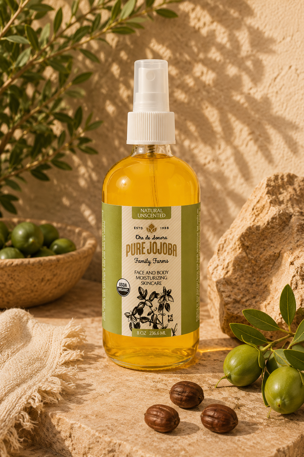 8 ounce Glass Bottle of organic pure jojoba oil for skin and hair care